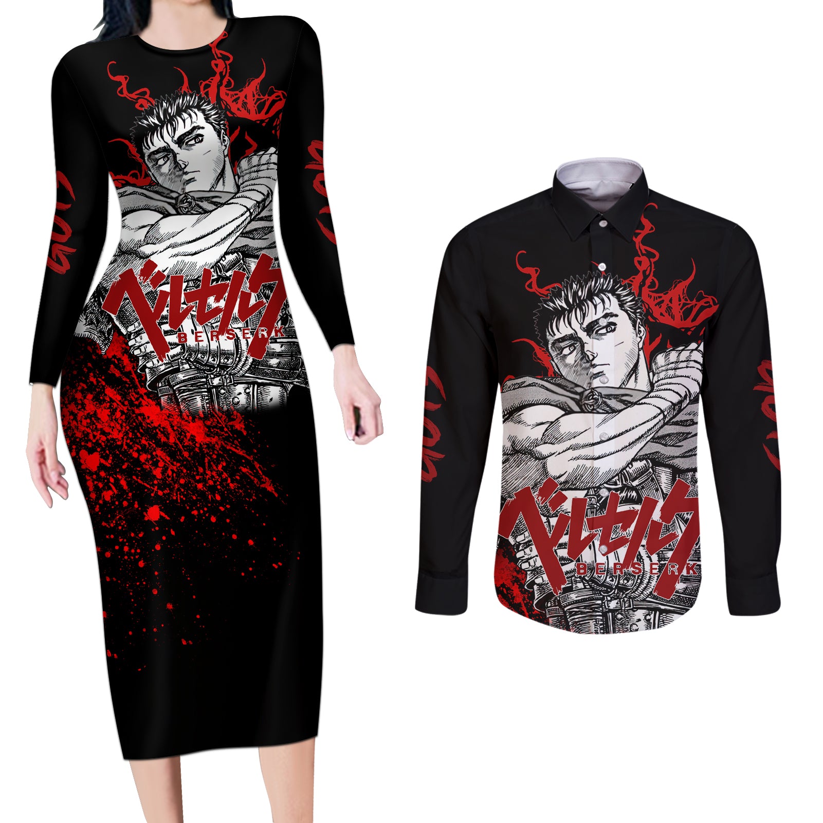 Guts Couples Matching Long Sleeve Bodycon Dress and Long Sleeve Button Shirt Berserk