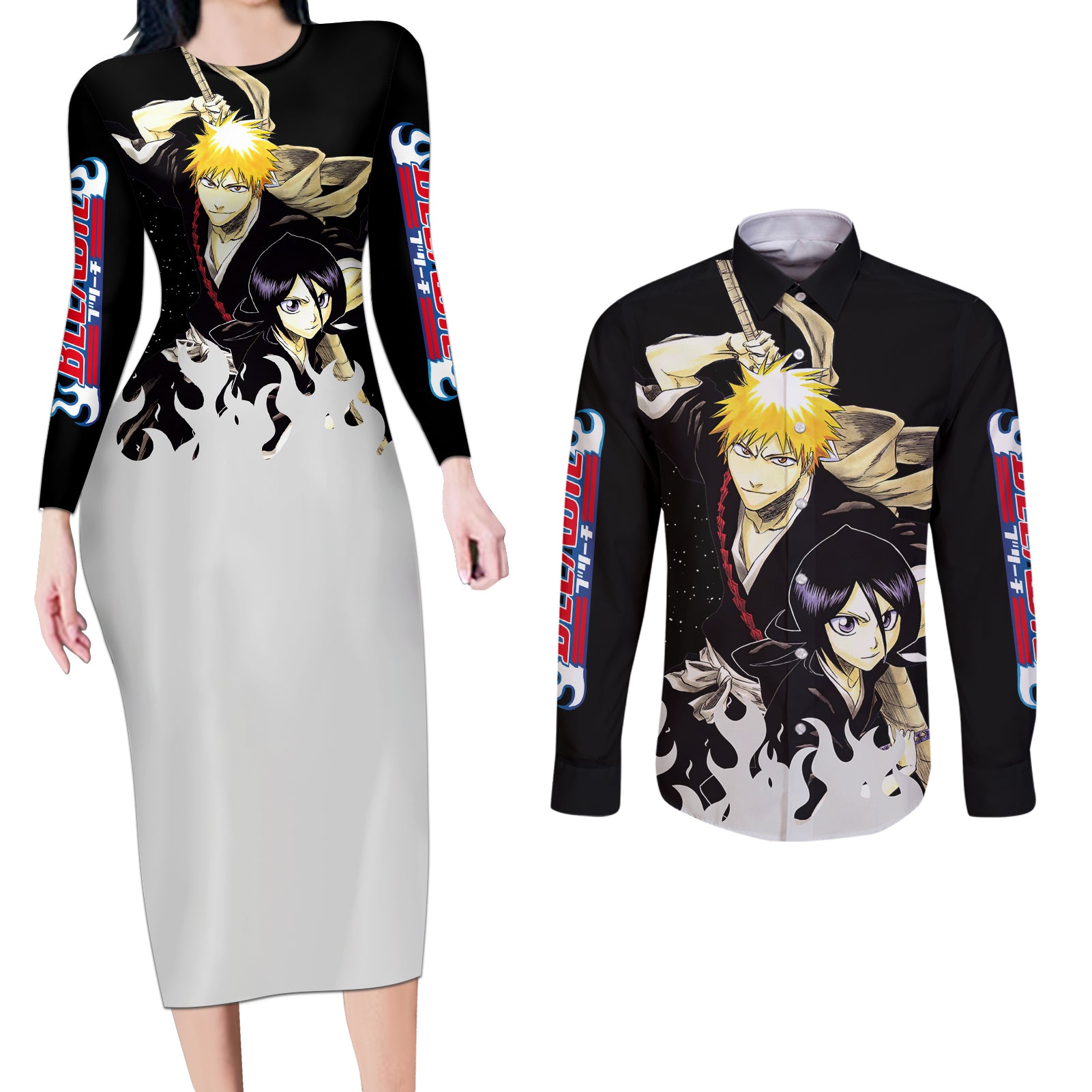 Ichigo and Rukia Couples Matching Long Sleeve Bodycon Dress and Long Sleeve Button Shirt Bleach