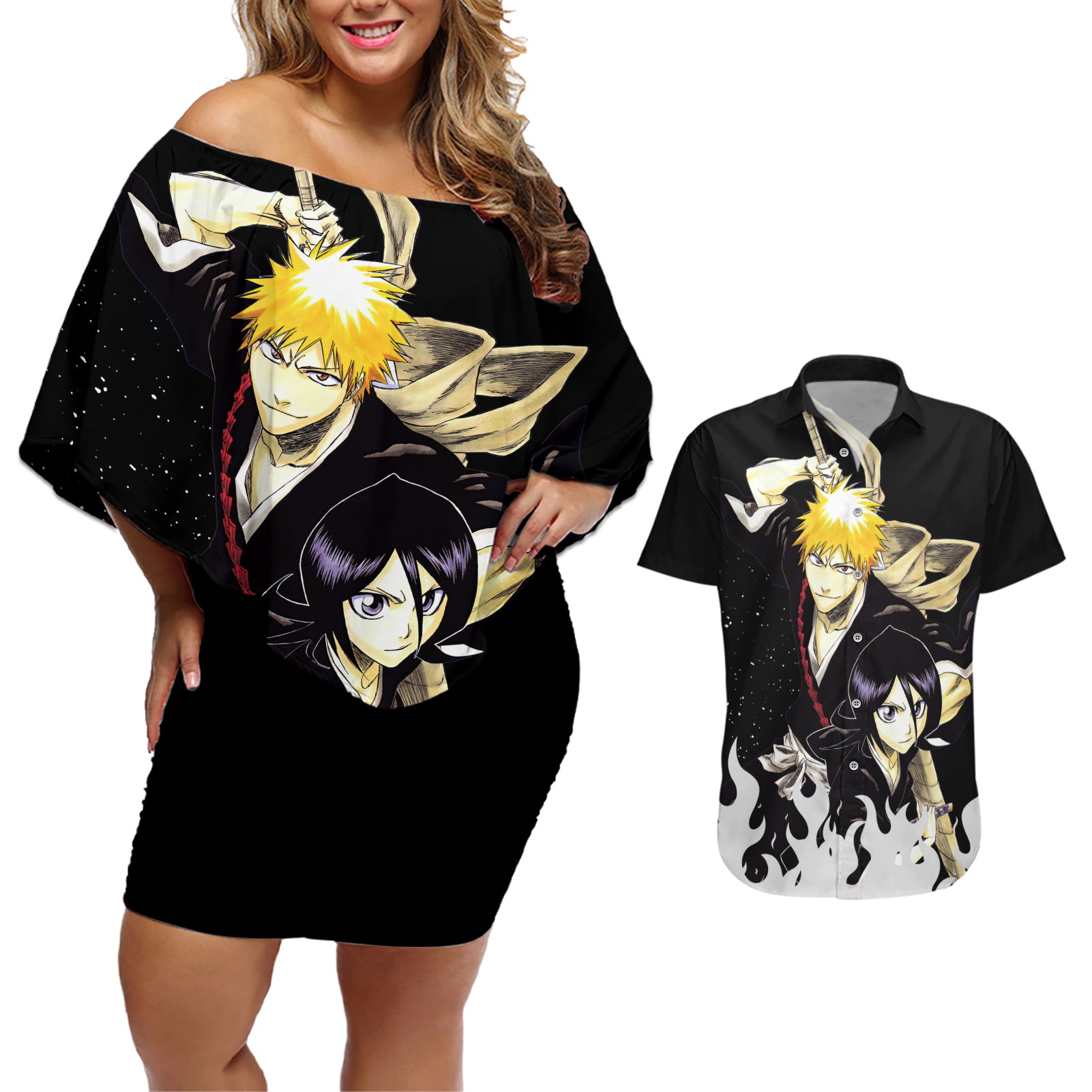 Ichigo and Rukia Couples Matching Off Shoulder Short Dress and Hawaiian Shirt Bleach