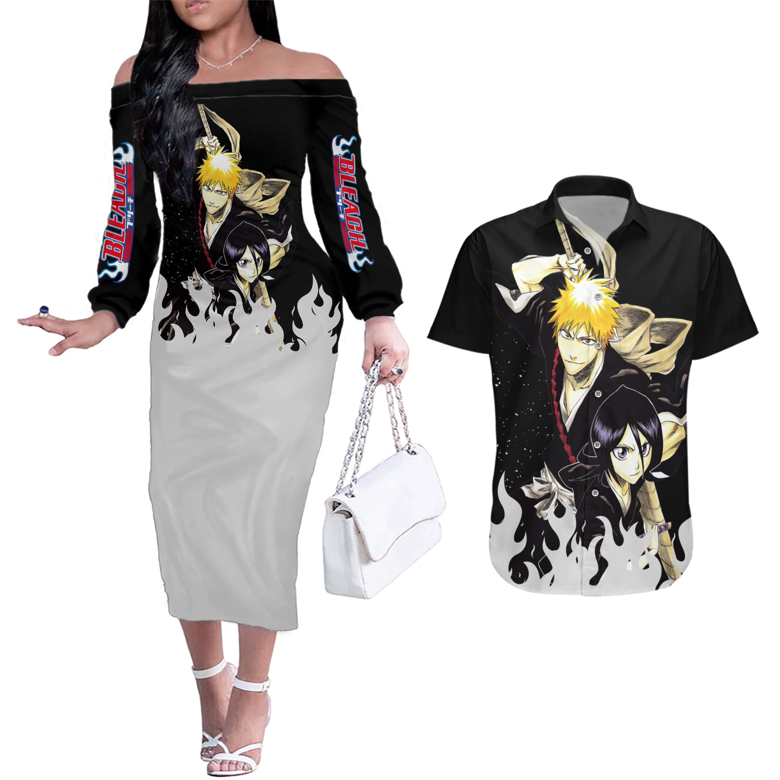 Ichigo and Rukia Couples Matching Off The Shoulder Long Sleeve Dress and Hawaiian Shirt Bleach