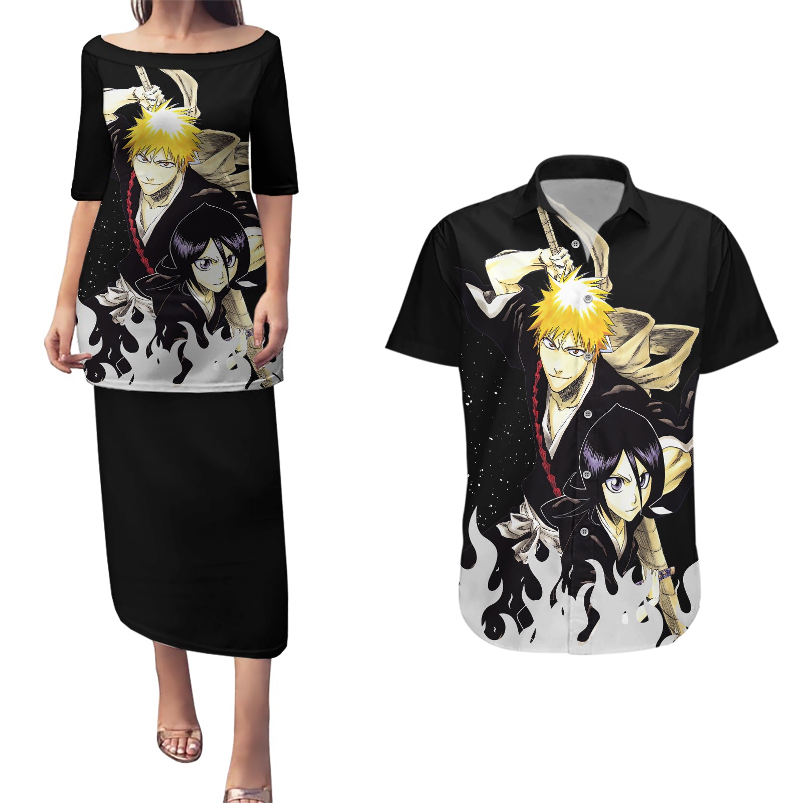 Ichigo and Rukia Couples Matching Puletasi and Hawaiian Shirt Bleach