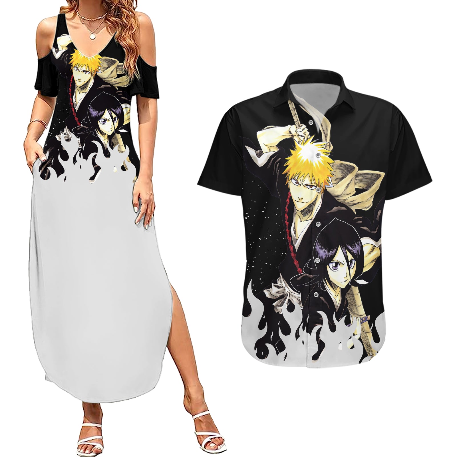 Ichigo and Rukia Couples Matching Summer Maxi Dress and Hawaiian Shirt Bleach