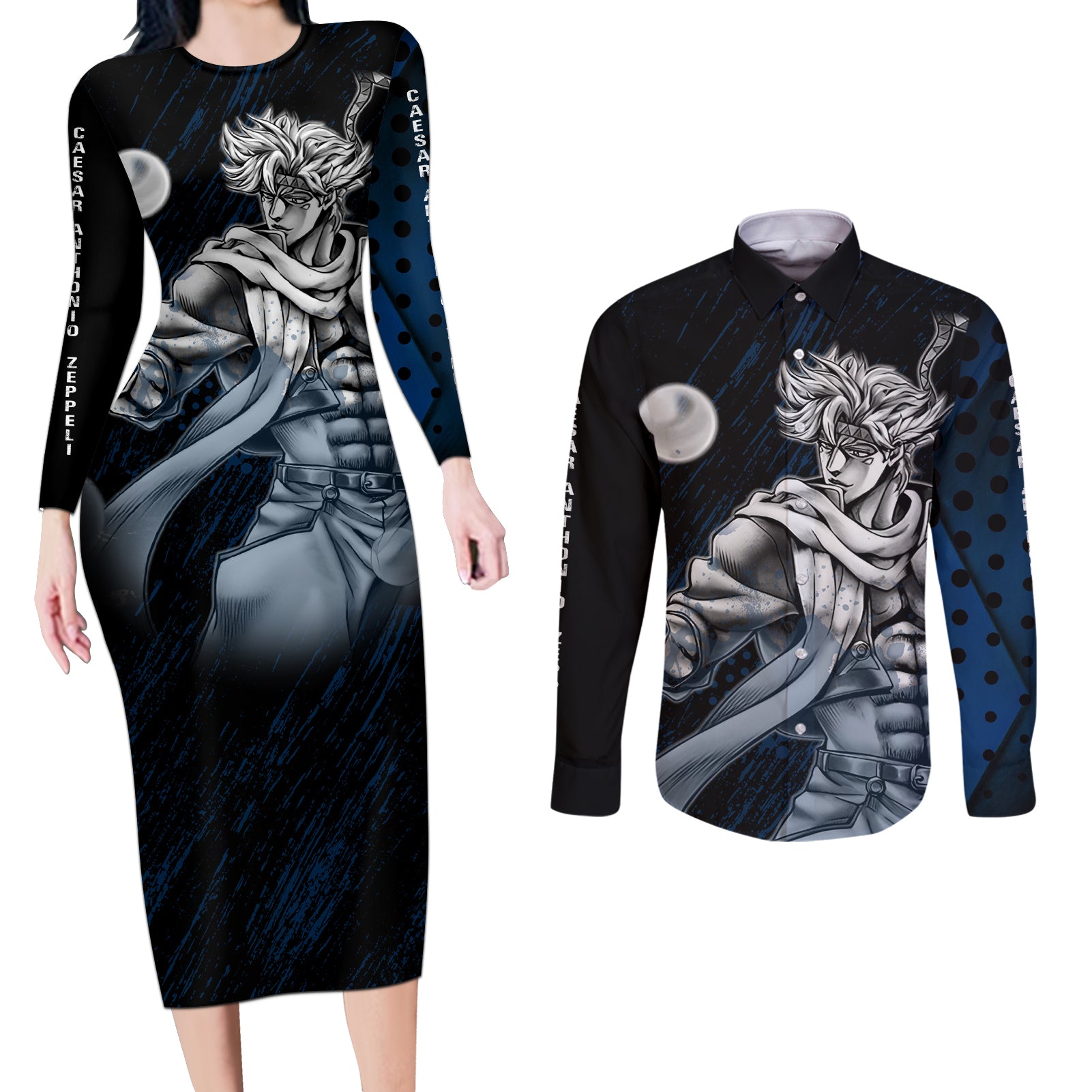 Caesar Anthonio Zeppeli Couples Matching Long Sleeve Bodycon Dress and Long Sleeve Button Shirt JJBAs