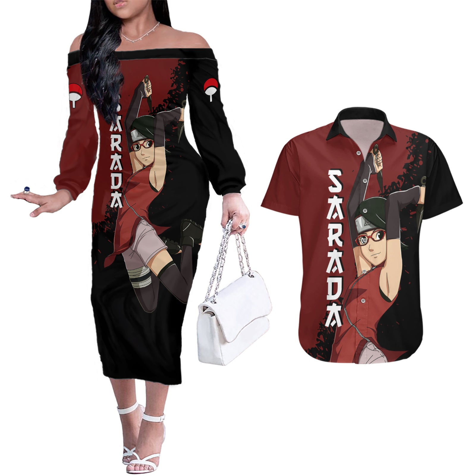 Sarada Uchiha Couples Matching Off The Shoulder Long Sleeve Dress and Hawaiian Shirt Boruto