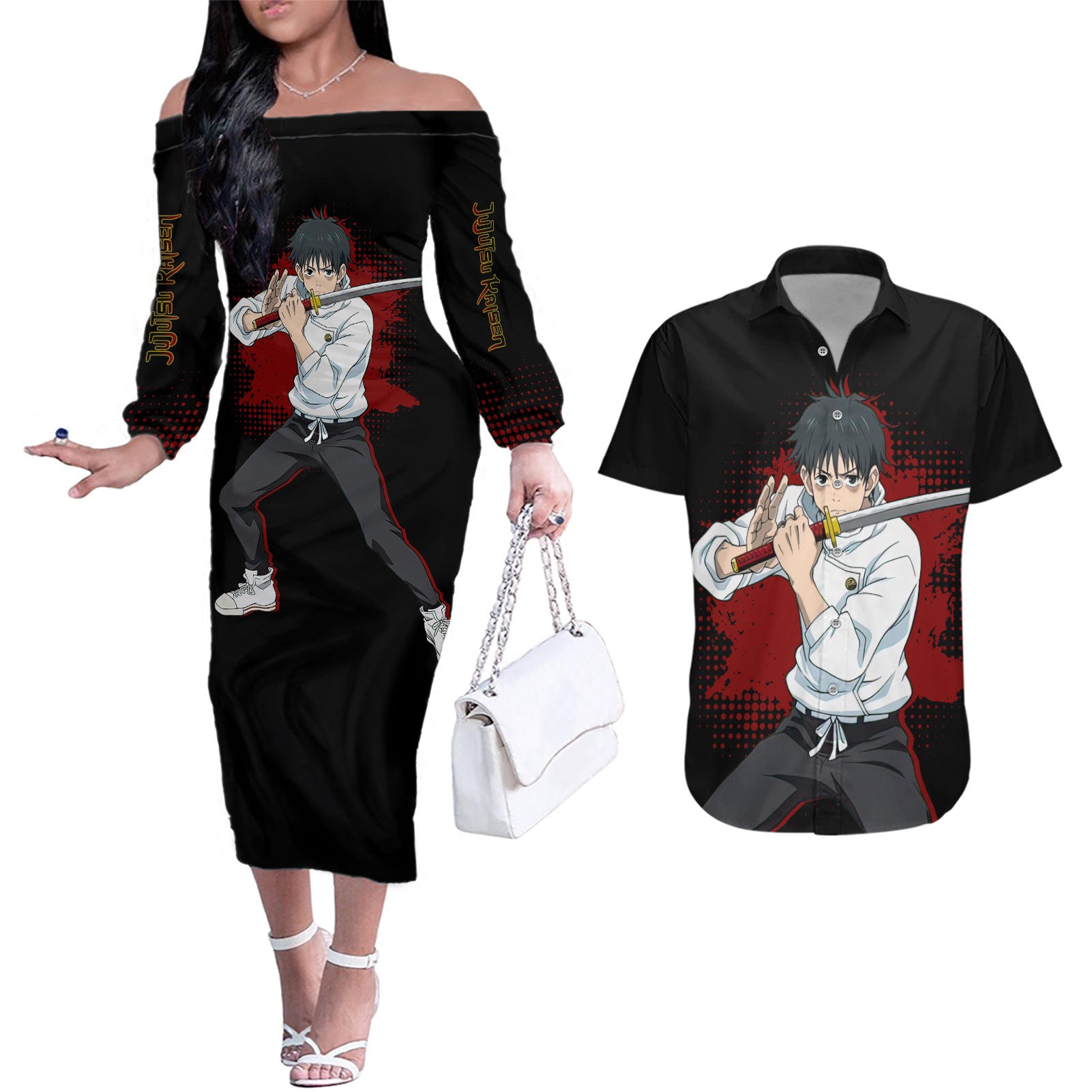 Yuta Okkotsu Couples Matching Off The Shoulder Long Sleeve Dress and Hawaiian Shirt Jujutsu Kaisen