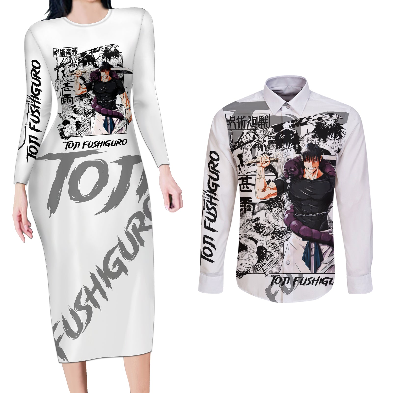 Toji Fushiguro - Jujutsu Kaisen Couples Matching Long Sleeve Bodycon Dress and Long Sleeve Button Shirt Anime Mix Manga Style