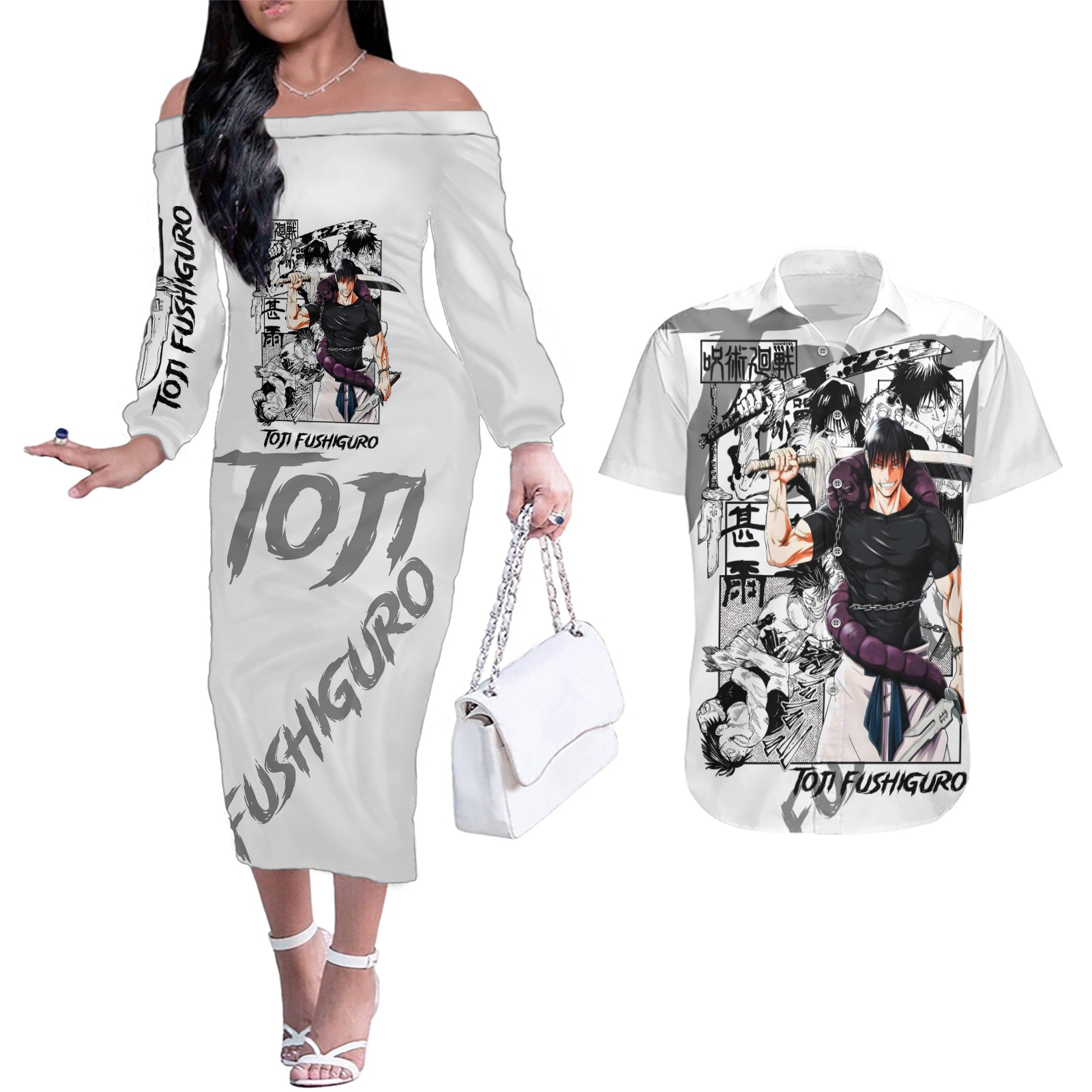 Toji Fushiguro - Jujutsu Kaisen Couples Matching Off The Shoulder Long Sleeve Dress and Hawaiian Shirt Anime Mix Manga Style