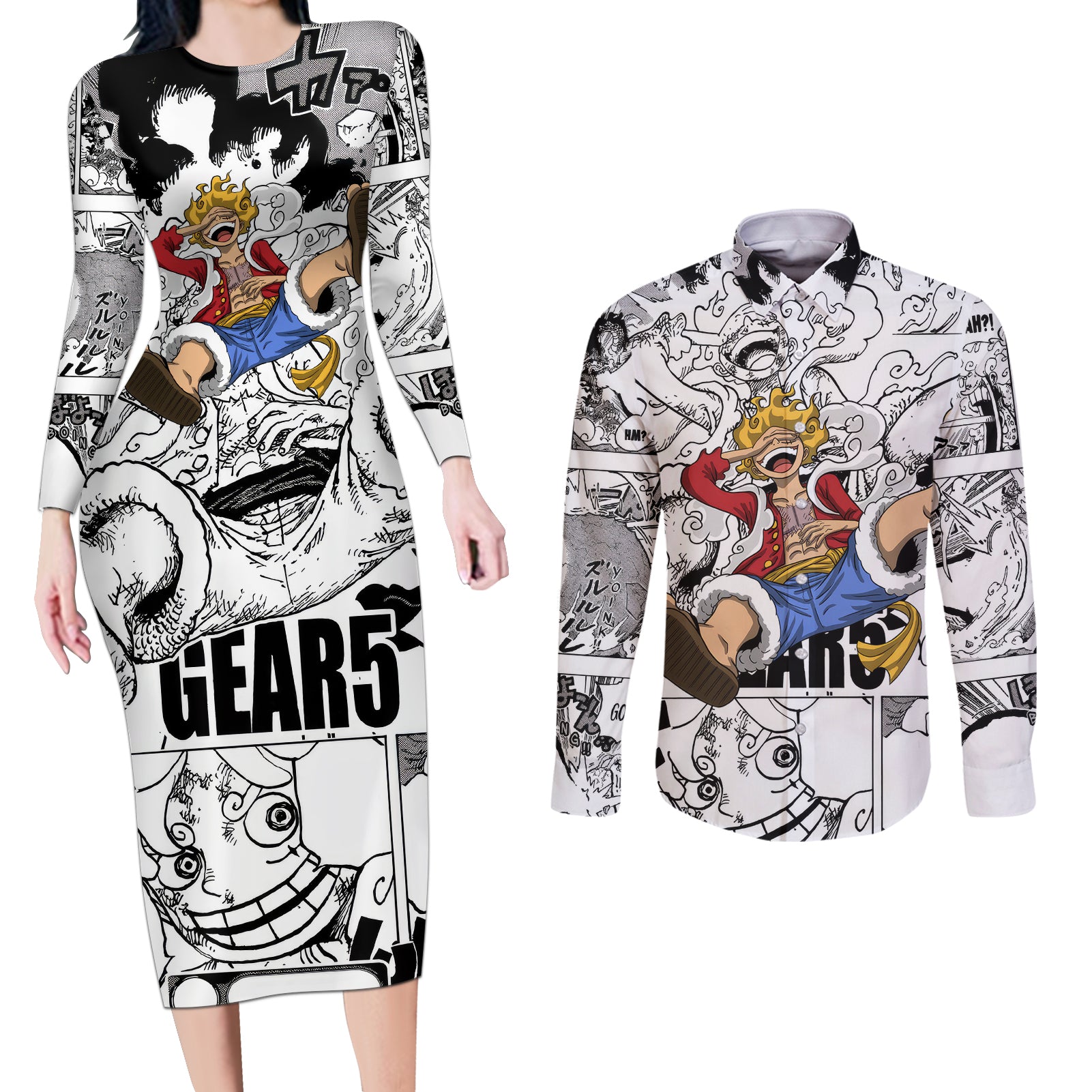 Luffy Gear 5 Awakening - One Piece Couples Matching Long Sleeve Bodycon Dress and Long Sleeve Button Shirt Anime Mix Manga Style