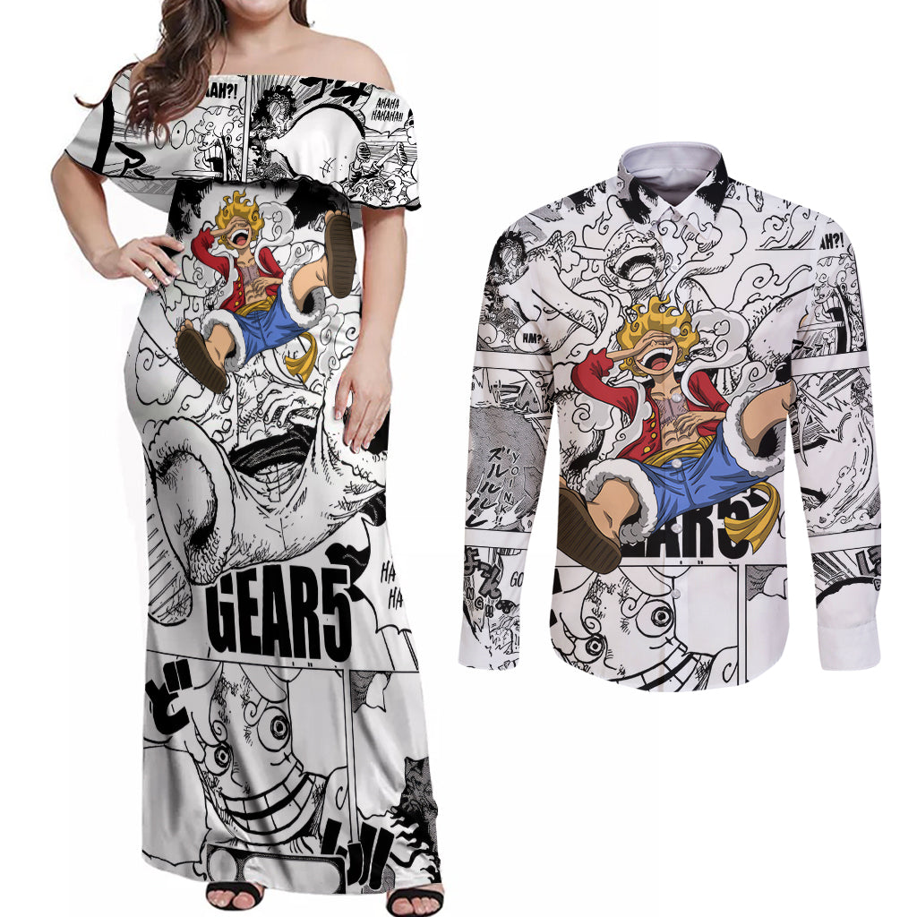 Luffy Gear 5 Awakening - One Piece Couples Matching Off Shoulder Maxi Dress and Long Sleeve Button Shirt Anime Mix Manga Style