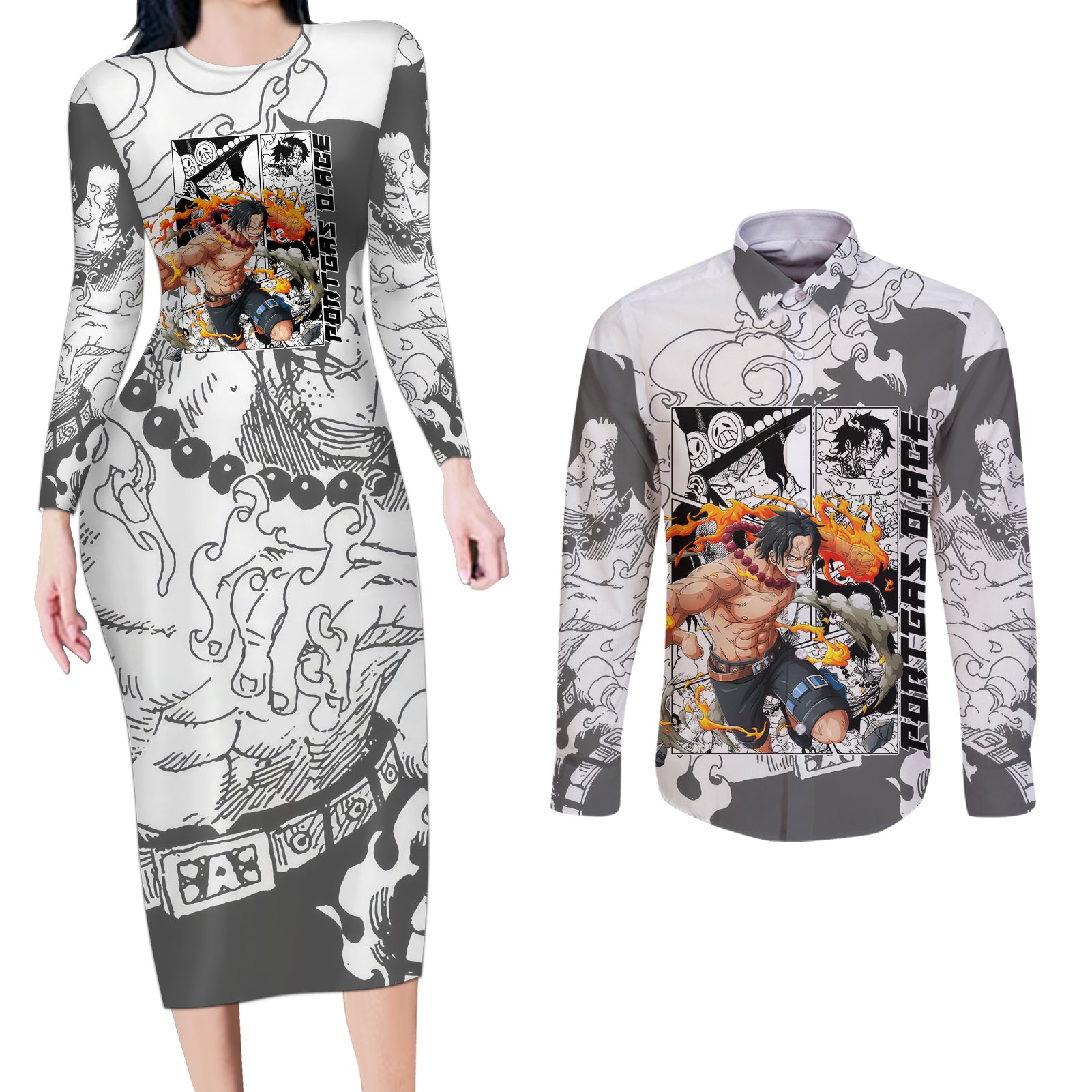 Portgas D.Ace - One Piece Couples Matching Long Sleeve Bodycon Dress and Long Sleeve Button Shirt Anime Mix Manga Style