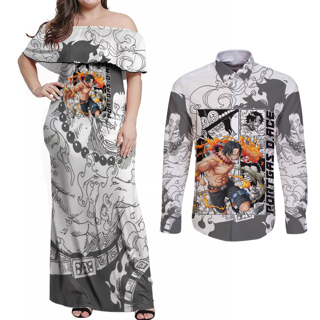 Portgas D.Ace - One Piece Couples Matching Off Shoulder Maxi Dress and Long Sleeve Button Shirt Anime Mix Manga Style