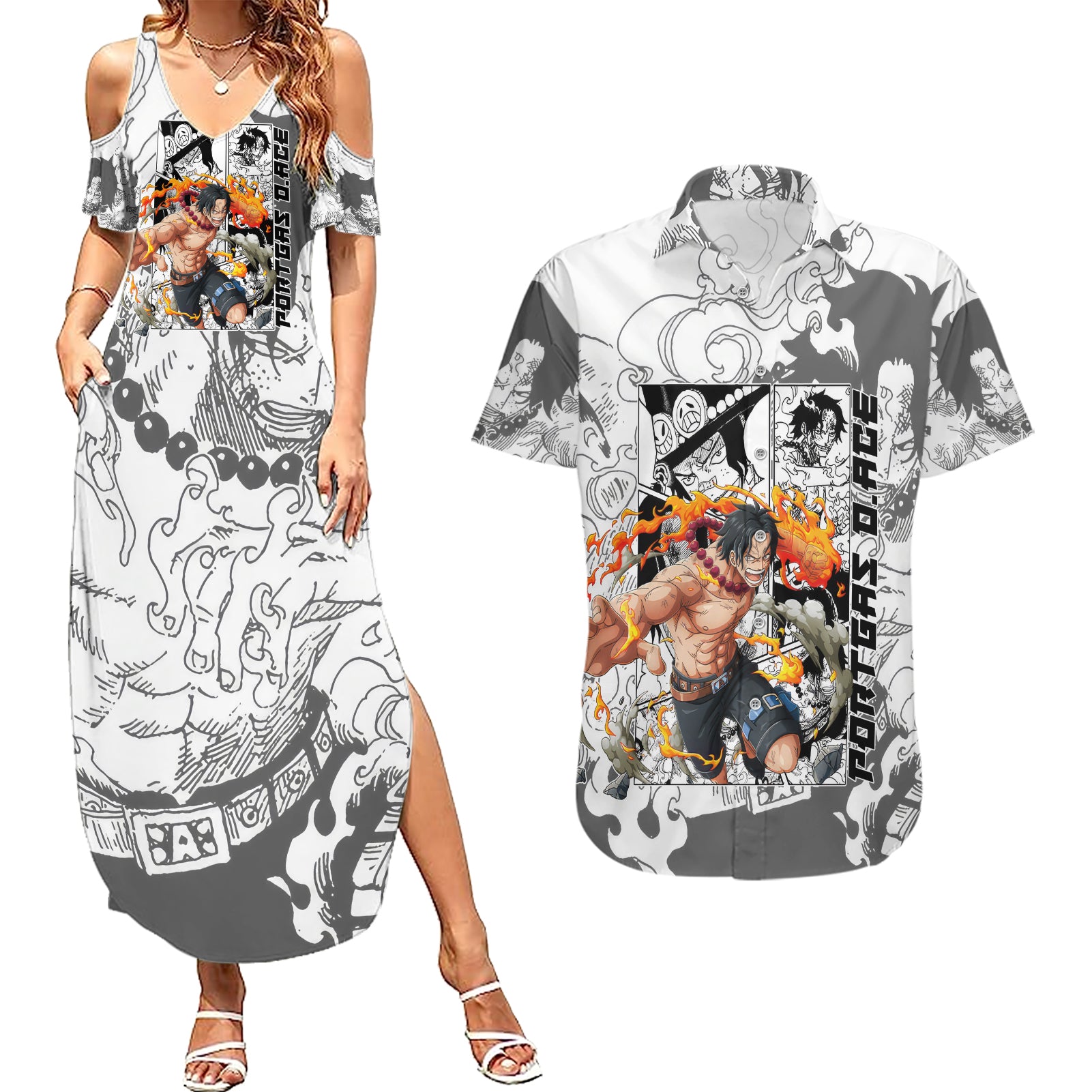 Portgas D.Ace - One Piece Couples Matching Summer Maxi Dress and Hawaiian Shirt Anime Mix Manga Style