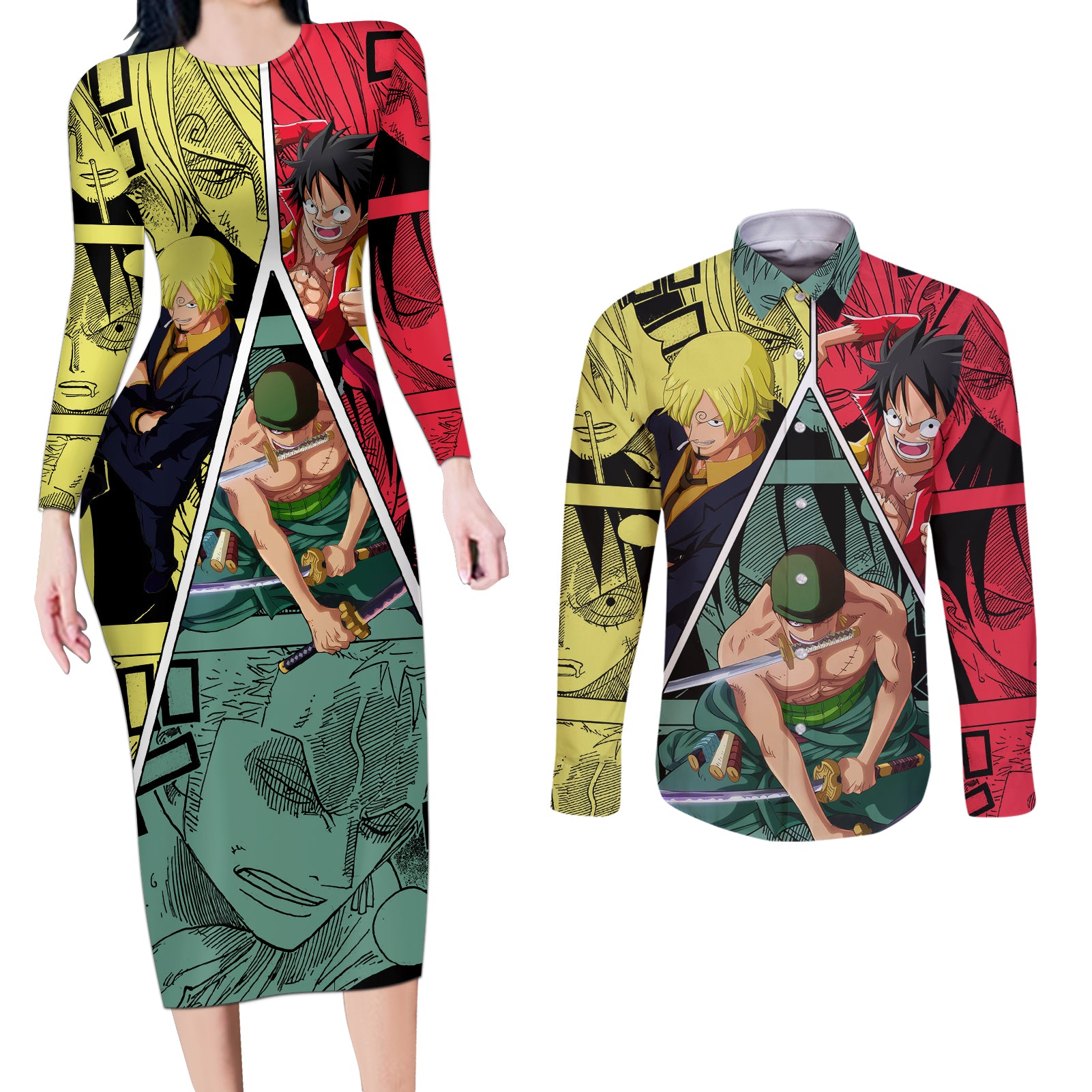 Luffy X Sanji X Zoro - One Piece Couples Matching Long Sleeve Bodycon Dress and Long Sleeve Button Shirt Anime Style