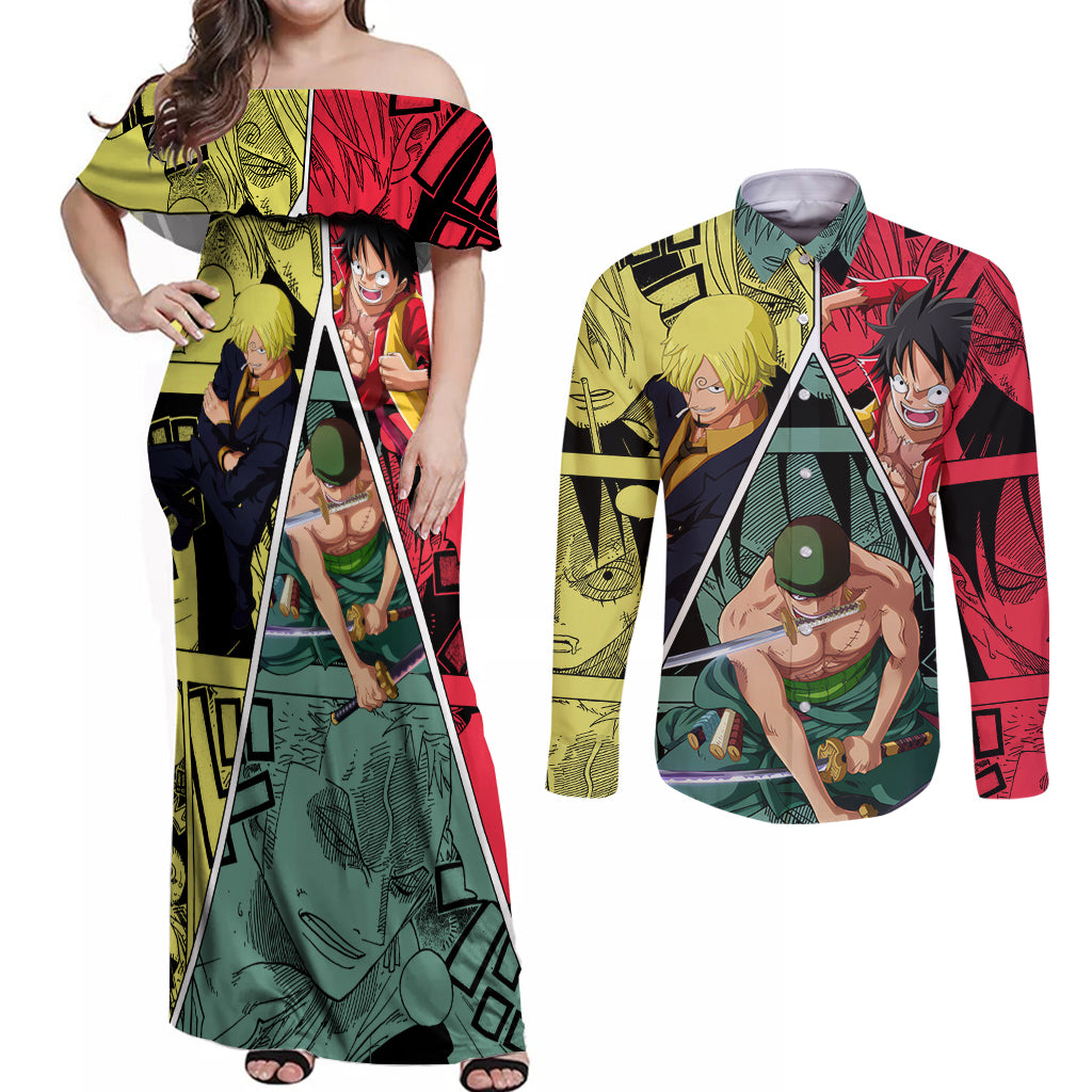 Luffy X Sanji X Zoro - One Piece Couples Matching Off Shoulder Maxi Dress and Long Sleeve Button Shirt Anime Style