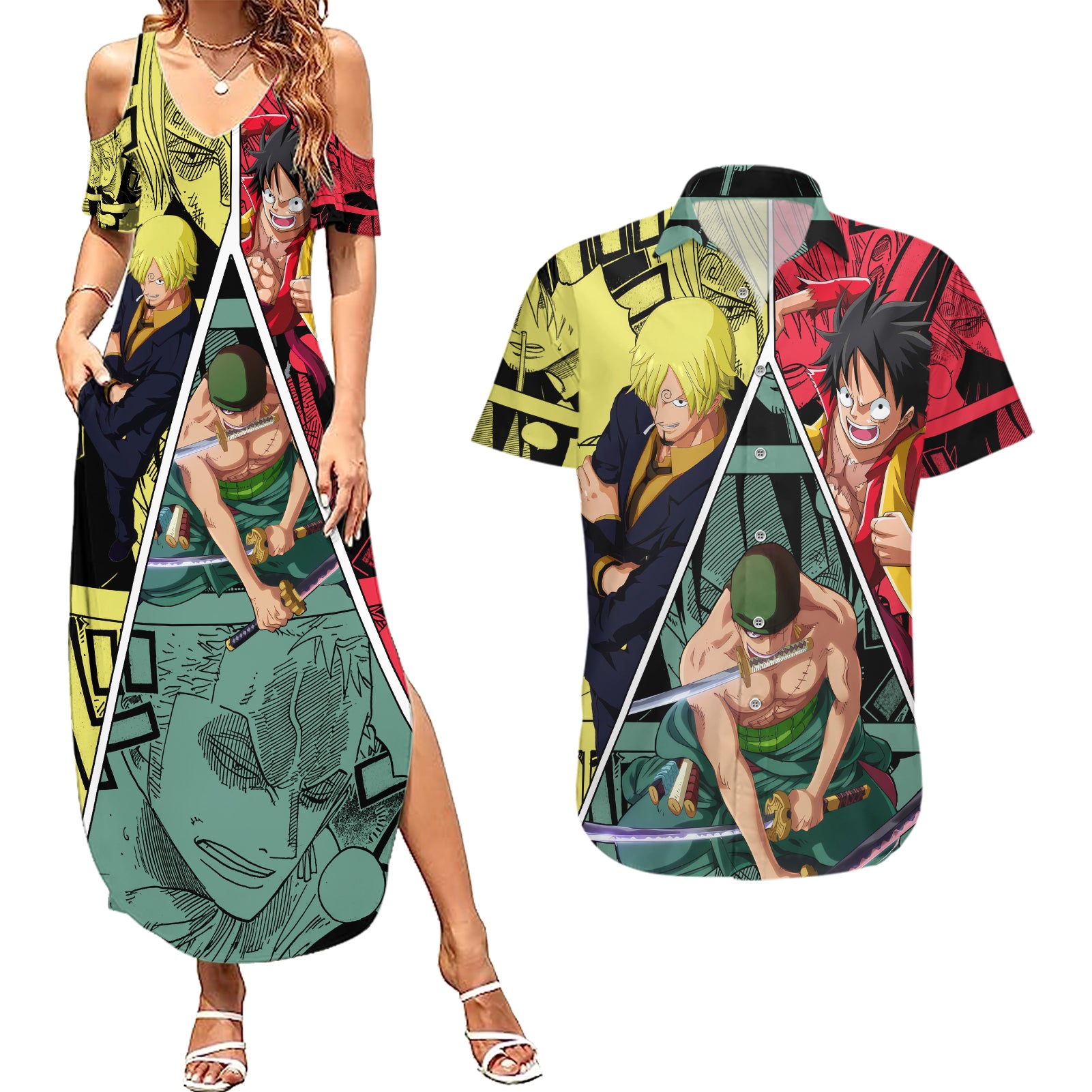 Luffy X Sanji X Zoro - One Piece Couples Matching Summer Maxi Dress and Hawaiian Shirt Anime Style