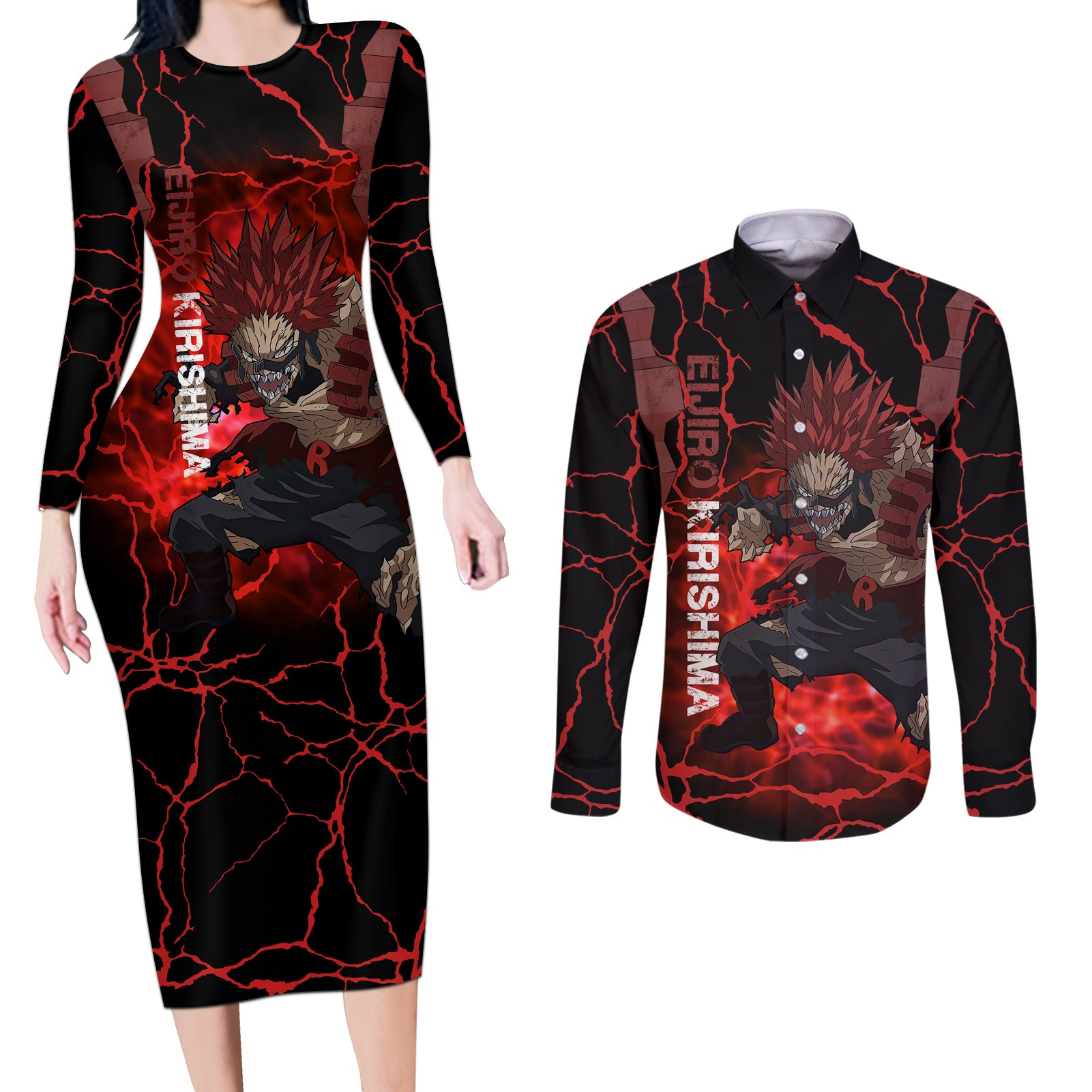 Eijirou Red Riot - My Hero Acacdemia Couples Matching Long Sleeve Bodycon Dress and Long Sleeve Button Shirt Anime Style