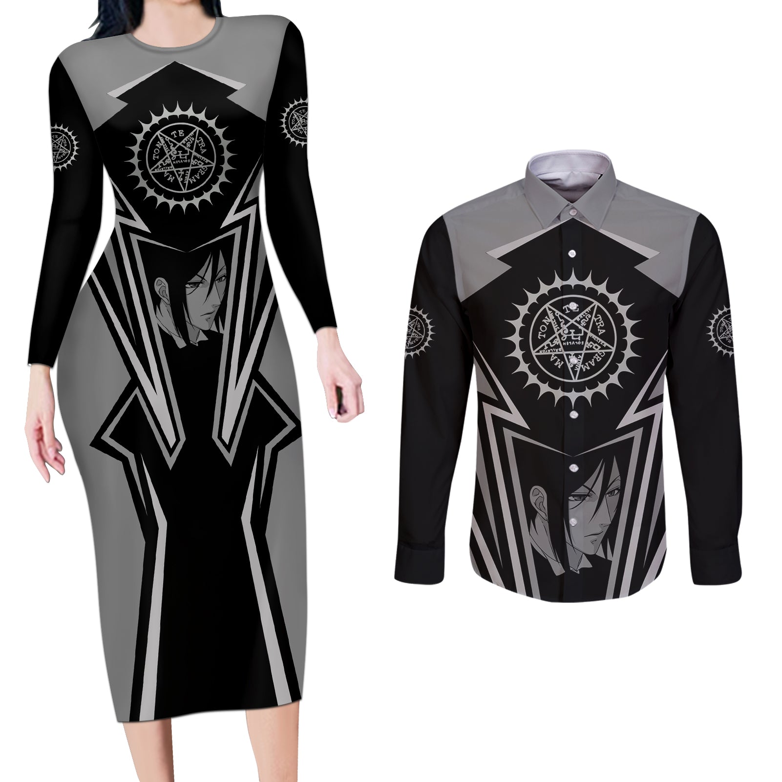 Black Butler Kuroshitsuji Couples Matching Long Sleeve Bodycon Dress and Long Sleeve Button Shirt Anime Style