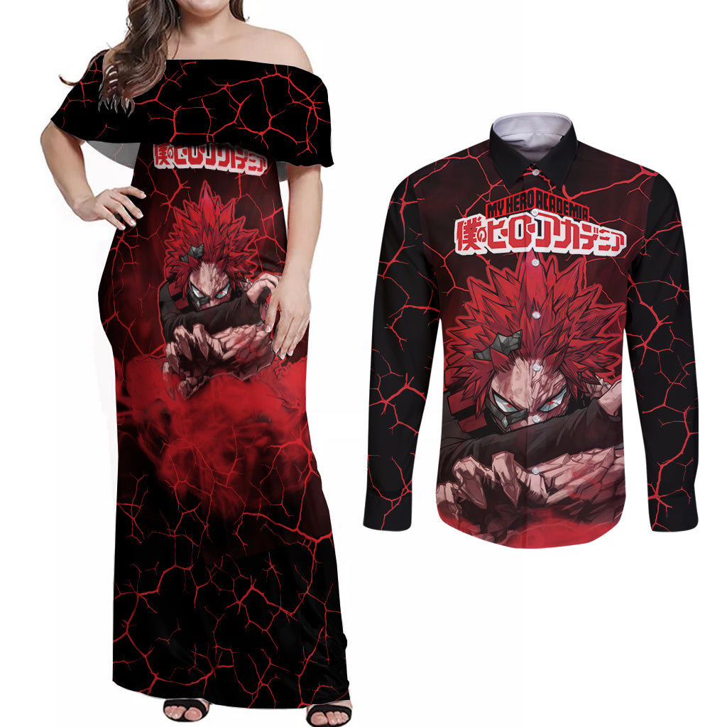 Eijiro Kirishima - My Hero Academia Couples Matching Off Shoulder Maxi Dress and Long Sleeve Button Shirt Anime Style