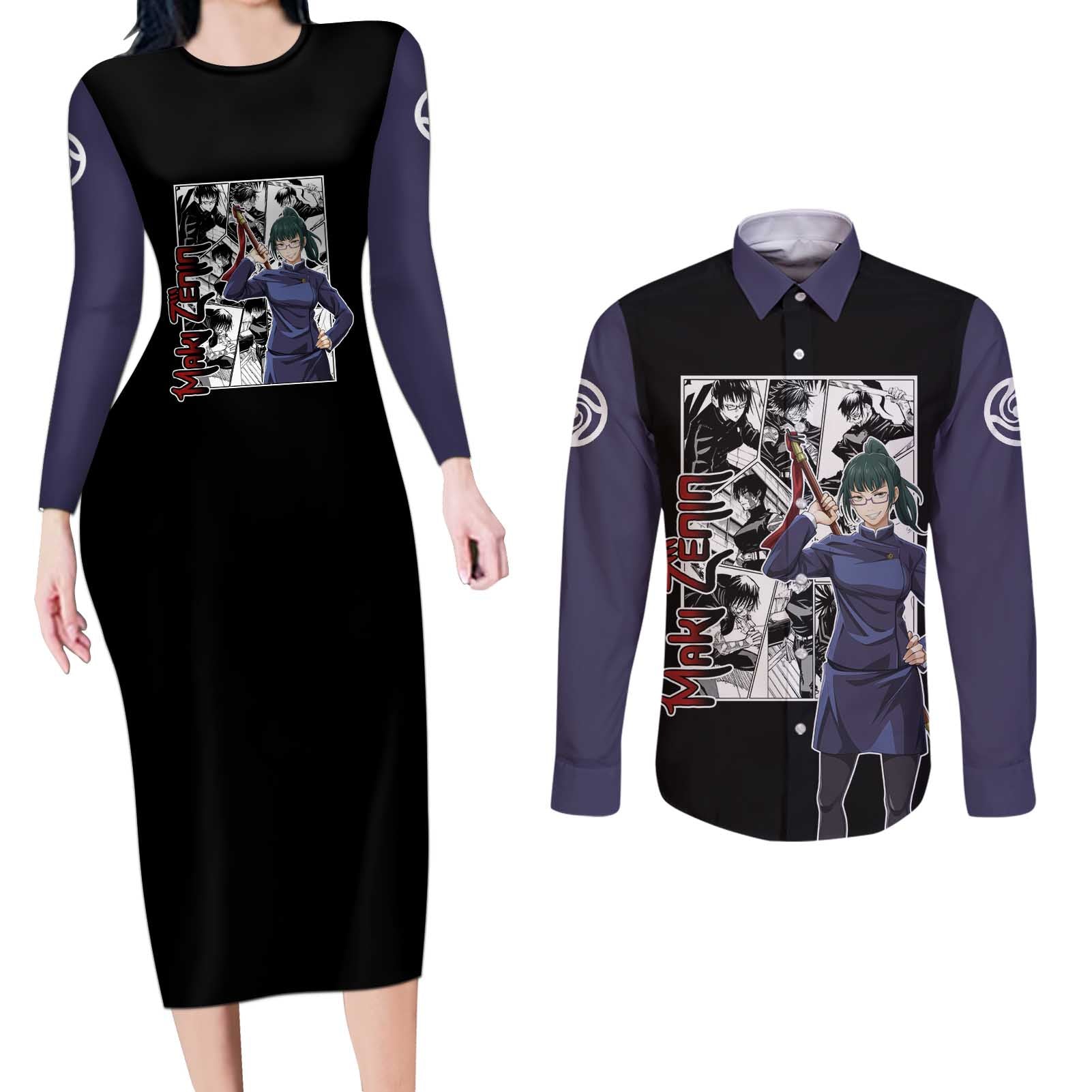 Maki Zenin - Jujusu Kaisen Couples Matching Long Sleeve Bodycon Dress and Long Sleeve Button Shirt Anime Mix Manga Style