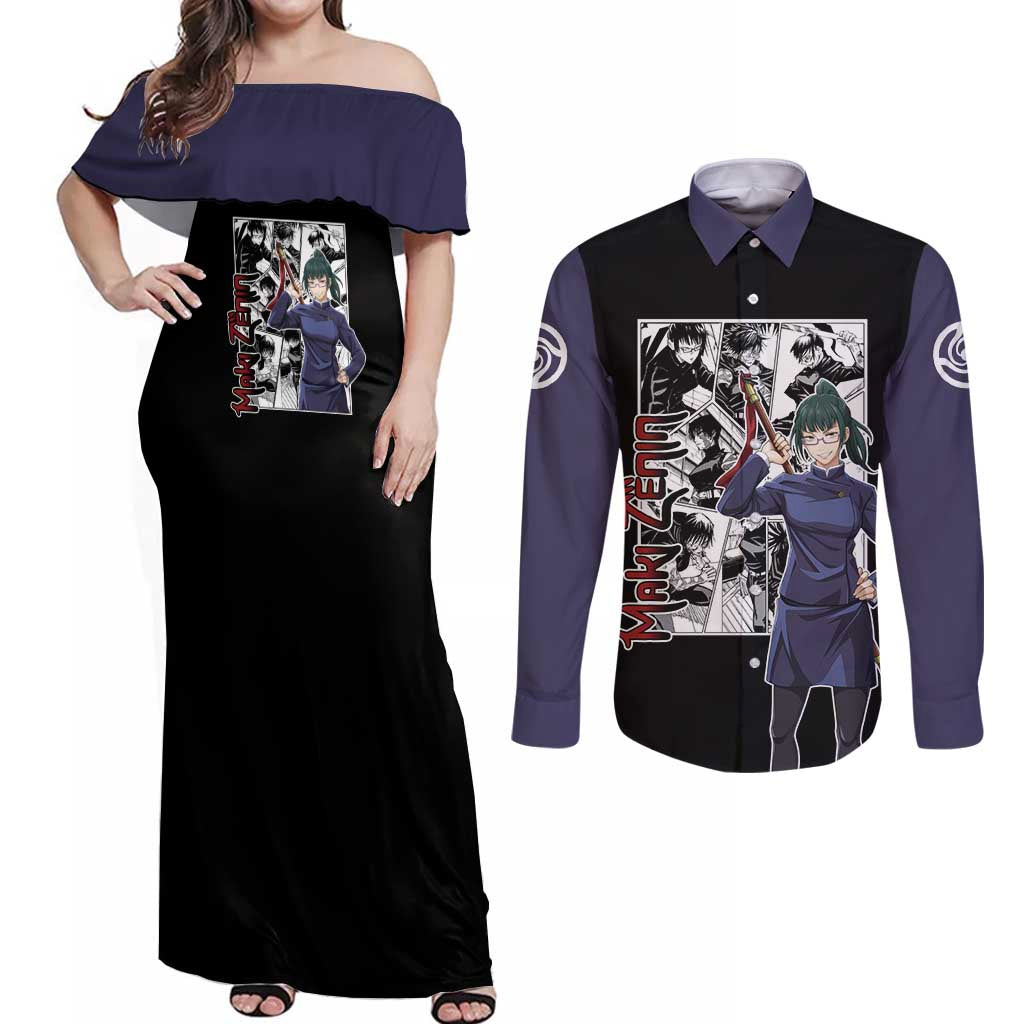 Maki Zenin - Jujusu Kaisen Couples Matching Off Shoulder Maxi Dress and Long Sleeve Button Shirt Anime Mix Manga Style