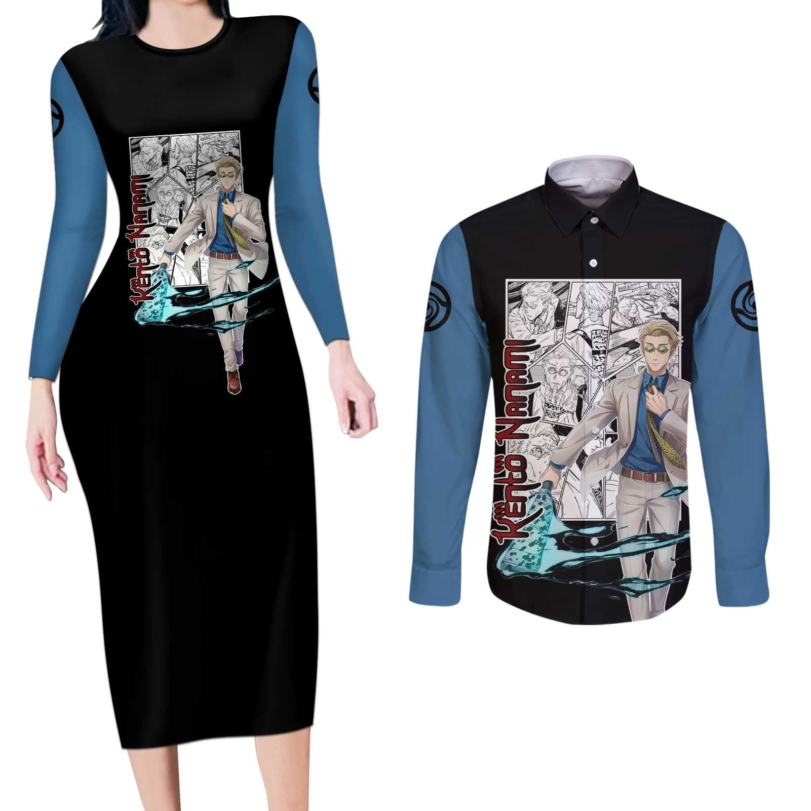 Kento Nanami - Jujusu Kaisen Couples Matching Long Sleeve Bodycon Dress and Long Sleeve Button Shirt Anime Mix Manga Style