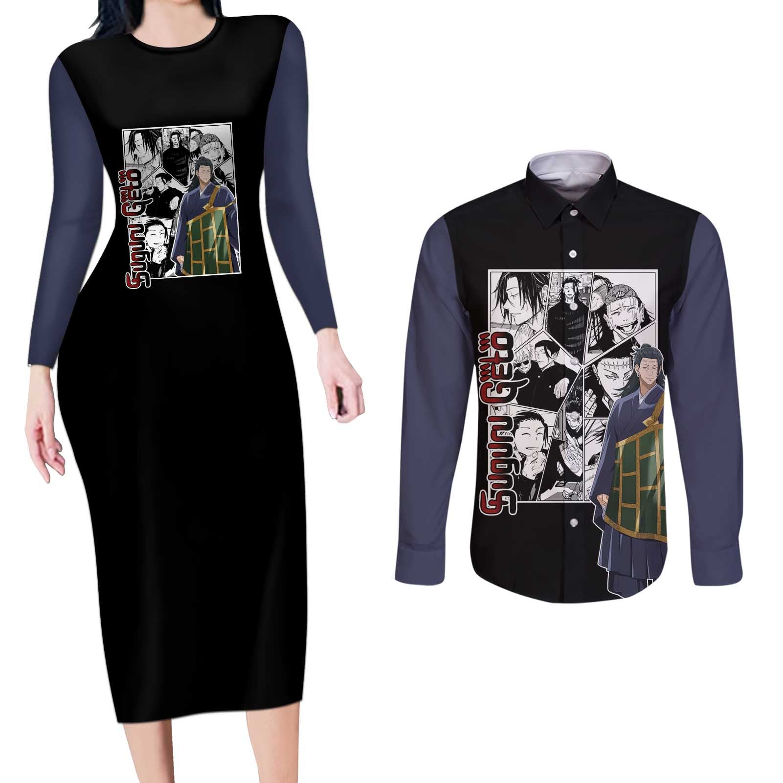 Suguru Geto - Jujutsu Kaisen Couples Matching Long Sleeve Bodycon Dress and Long Sleeve Button Shirt Anime Mix Manga Style