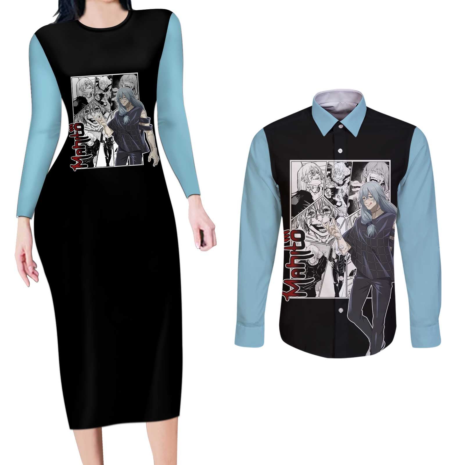 Mahito - Jujutsu Kaisen Couples Matching Long Sleeve Bodycon Dress and Long Sleeve Button Shirt Anime Mix Manga Style