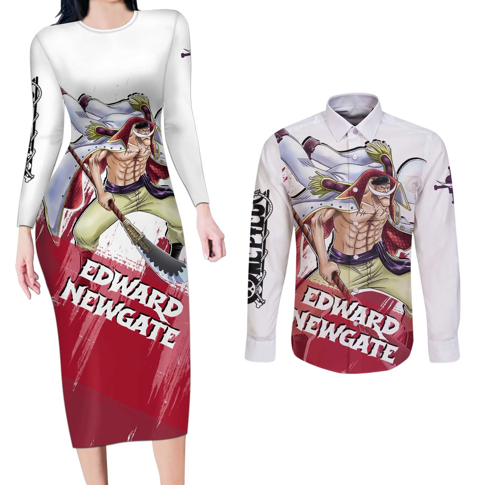 Edward Newgate - One Piece Couples Matching Long Sleeve Bodycon Dress and Long Sleeve Button Shirt Anime Style