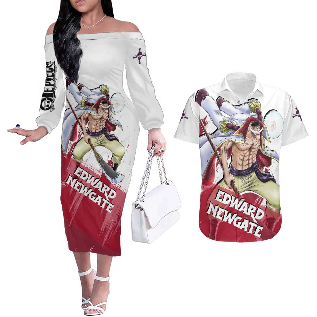 Edward Newgate - One Piece Couples Matching Off The Shoulder Long Sleeve Dress and Hawaiian Shirt Anime Style