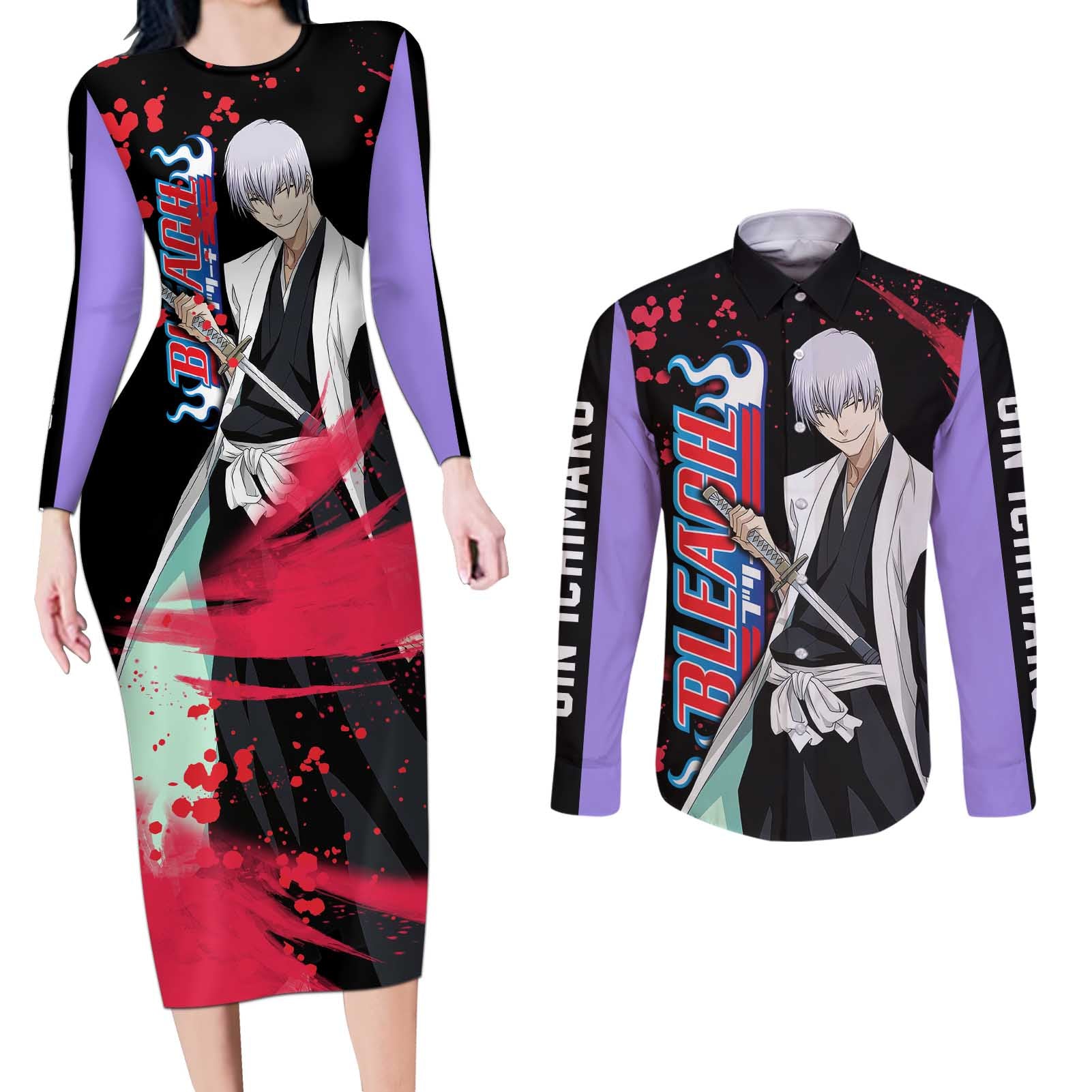 Gin Ichimaru - Bleach Couples Matching Long Sleeve Bodycon Dress and Long Sleeve Button Shirt Anime Style