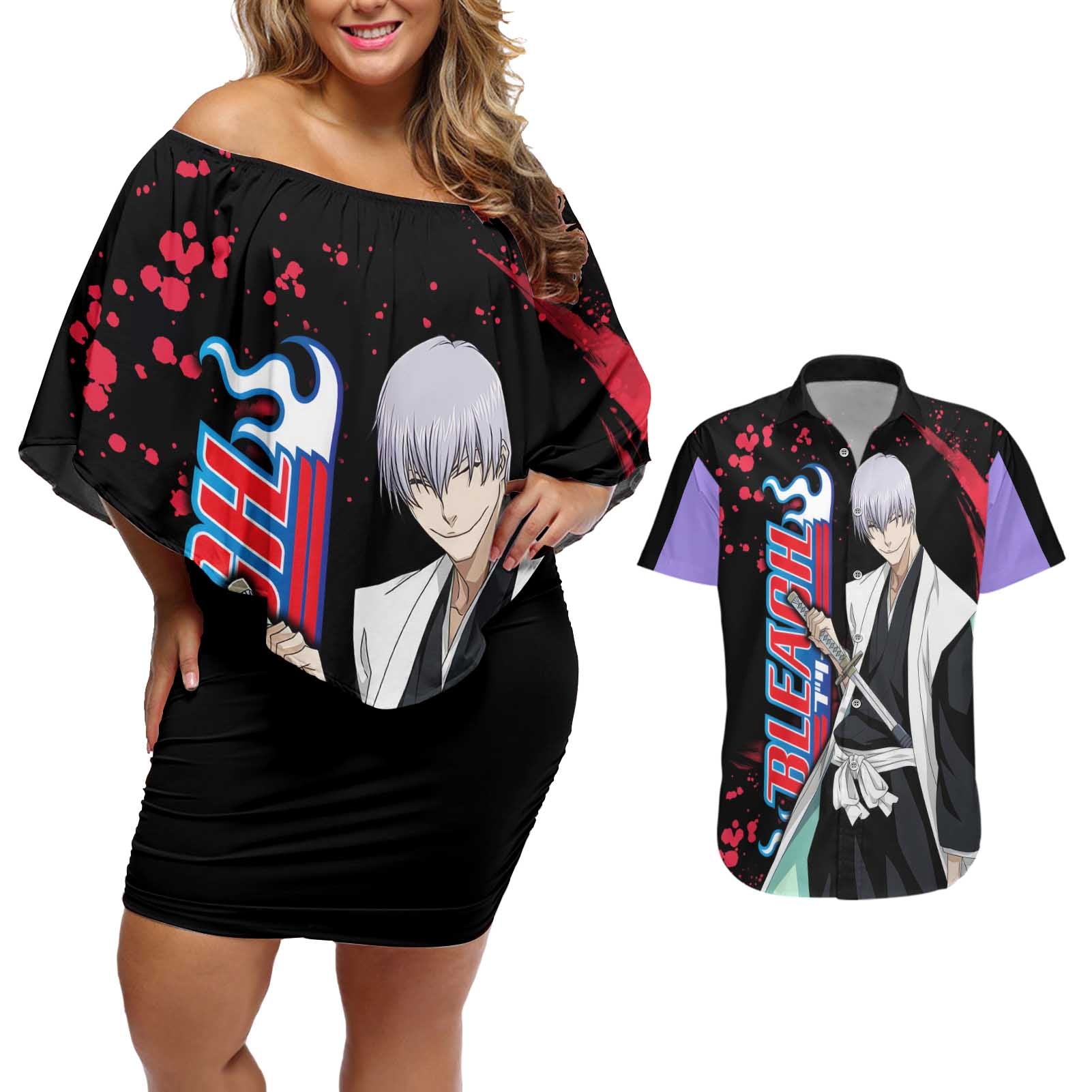 Gin Ichimaru - Bleach Couples Matching Off Shoulder Short Dress and Hawaiian Shirt Anime Style