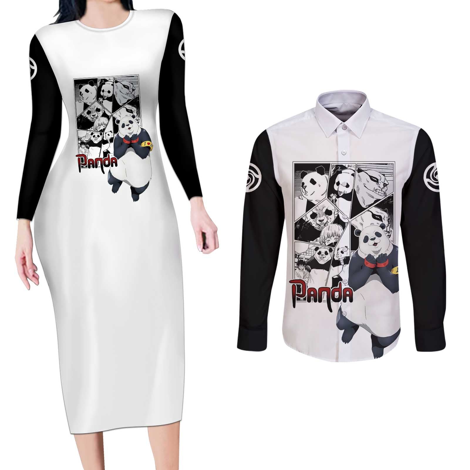 Panda - Jujutsu Kaisen Couples Matching Long Sleeve Bodycon Dress and Long Sleeve Button Shirt Anime Mix Manga Style