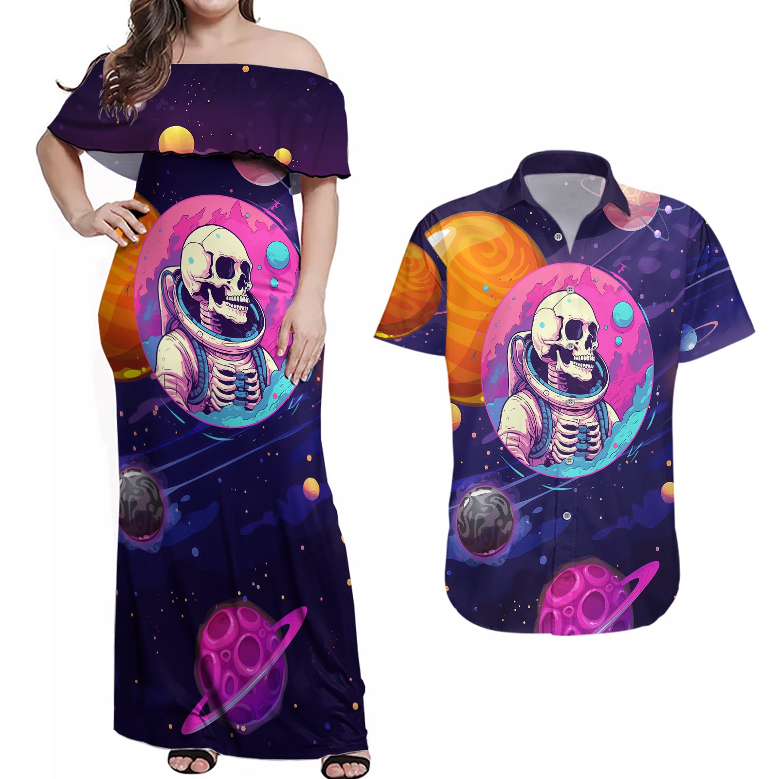 skull-couples-matching-off-shoulder-maxi-dress-and-hawaiian-shirt-i-love-you-in-every-universe-cosmic-abstract-art