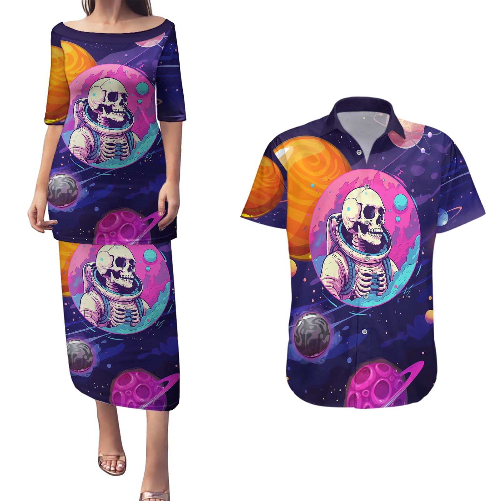 skull-couples-matching-puletasi-dress-and-hawaiian-shirt-i-love-you-in-every-universe-cosmic-abstract-art