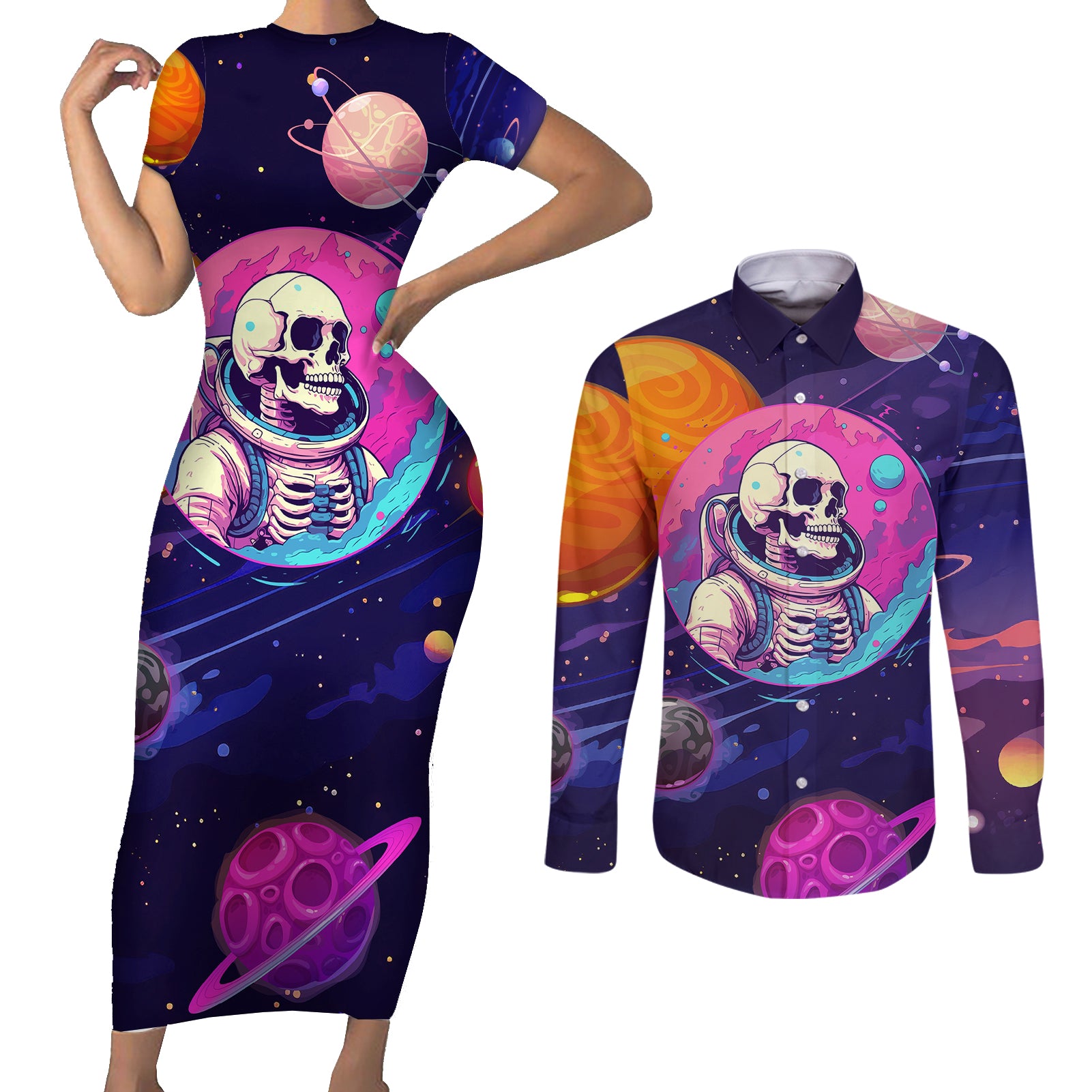 skull-couples-matching-short-sleeve-bodycon-dress-and-long-sleeve-button-shirts-i-love-you-in-every-universe-cosmic-abstract-art