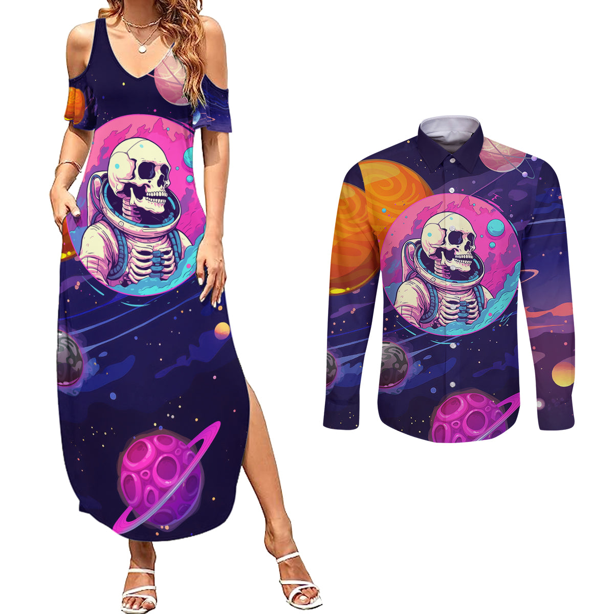 skull-couples-matching-summer-maxi-dress-and-long-sleeve-button-shirts-i-love-you-in-every-universe-cosmic-abstract-art