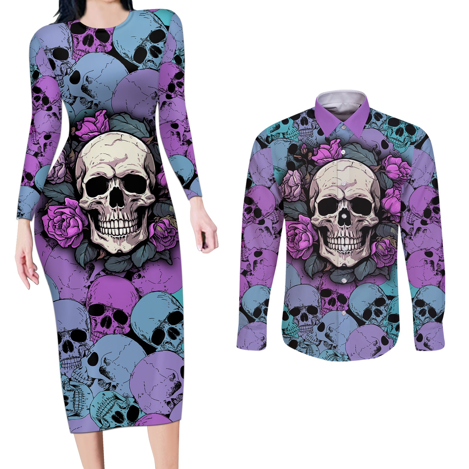 skull-pattern-couples-matching-long-sleeve-bodycon-dress-and-long-sleeve-button-shirts-your-are-not-hard-to-love