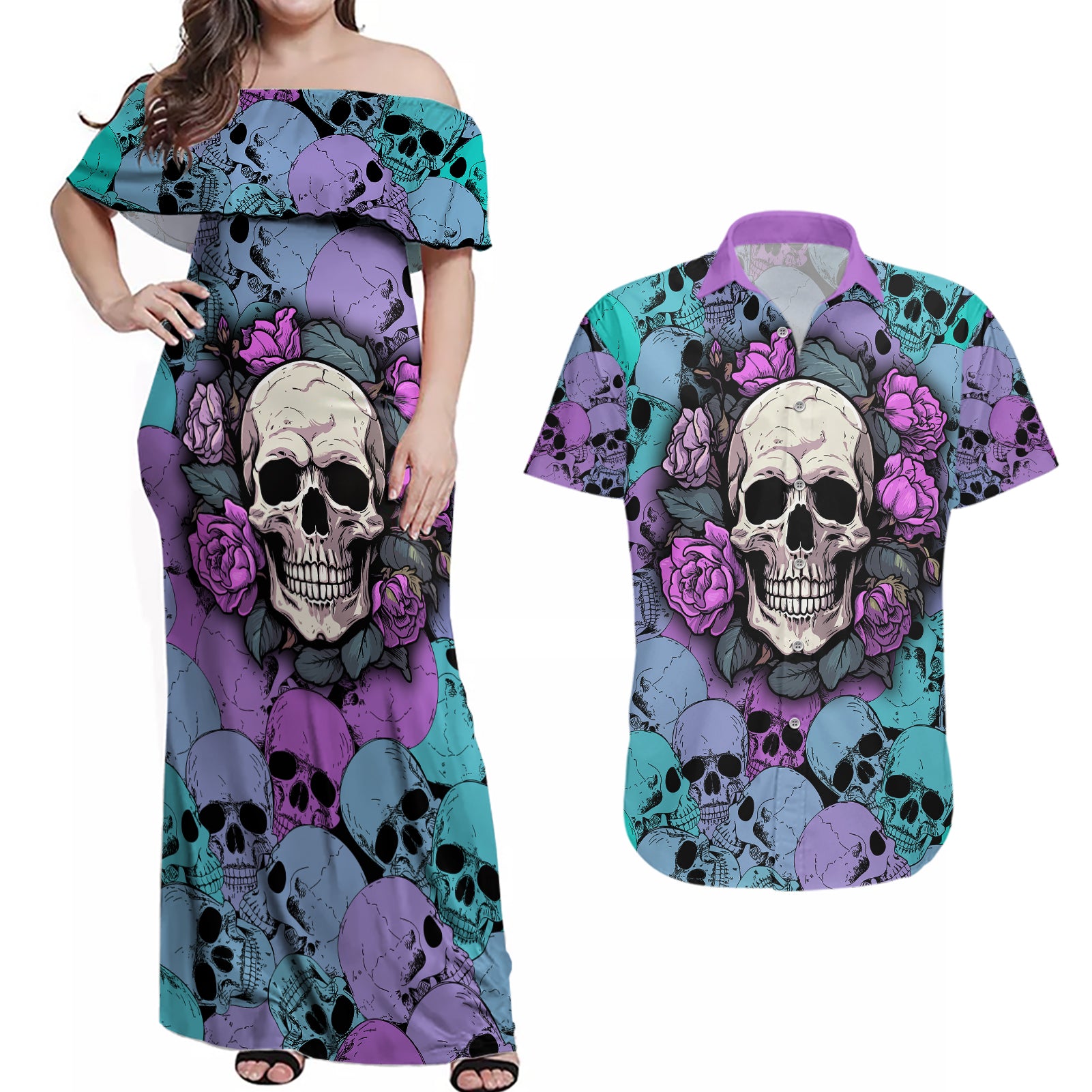 skull-pattern-couples-matching-off-shoulder-maxi-dress-and-hawaiian-shirt-your-are-not-hard-to-love