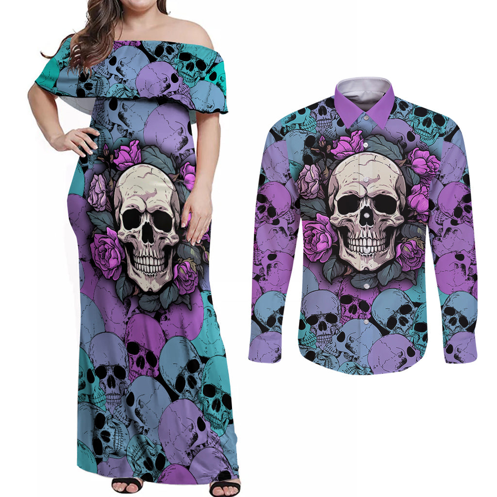 skull-pattern-couples-matching-off-shoulder-maxi-dress-and-long-sleeve-button-shirts-your-are-not-hard-to-love