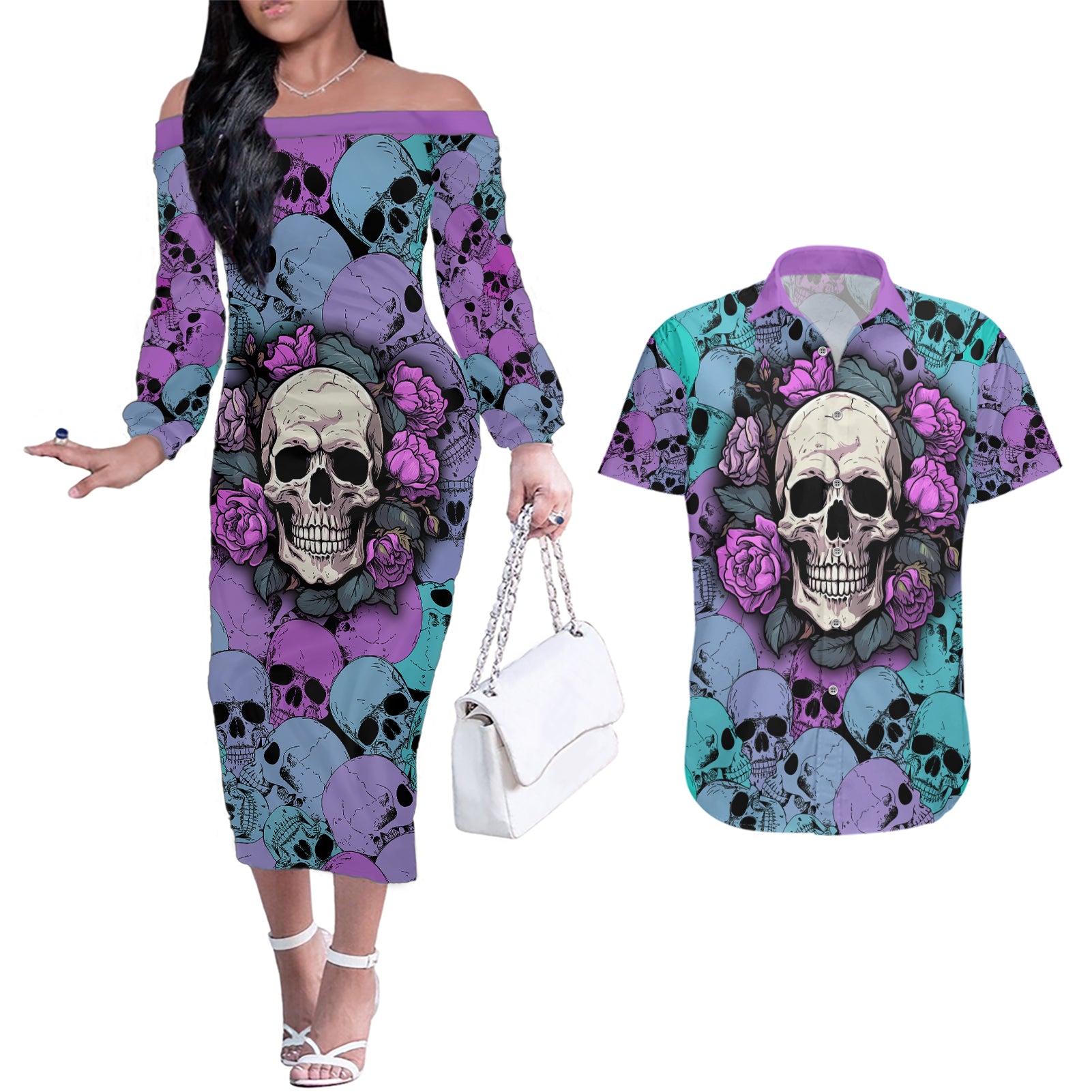 skull-pattern-couples-matching-off-the-shoulder-long-sleeve-dress-and-hawaiian-shirt-your-are-not-hard-to-love