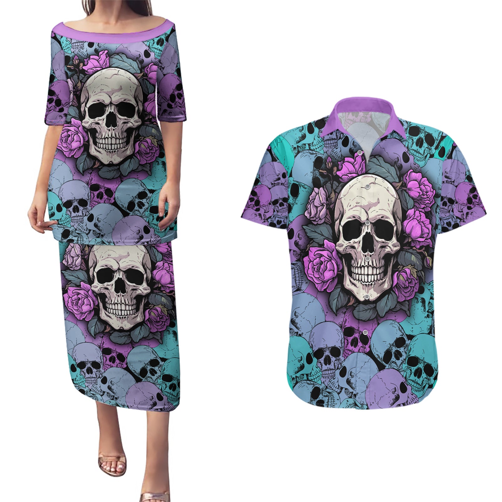 skull-pattern-couples-matching-puletasi-dress-and-hawaiian-shirt-your-are-not-hard-to-love