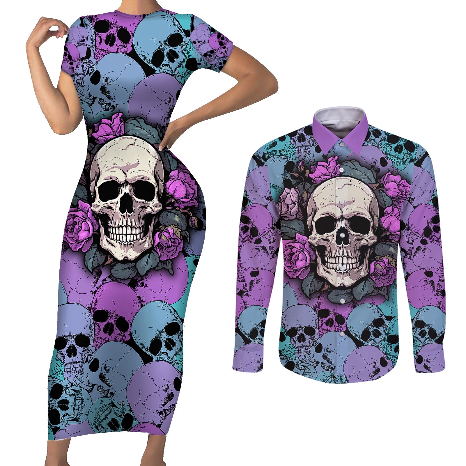 skull-pattern-couples-matching-short-sleeve-bodycon-dress-and-long-sleeve-button-shirts-your-are-not-hard-to-love