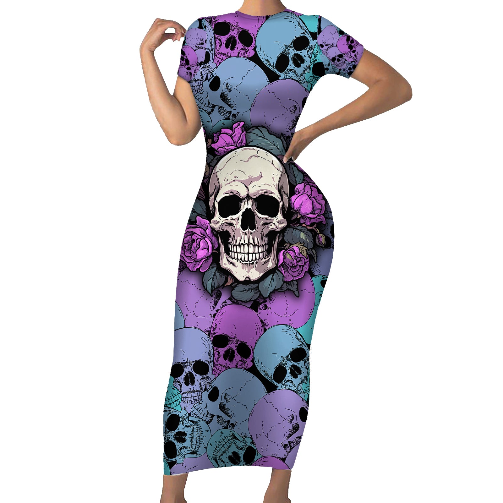 skull-pattern-short-sleeve-bodycon-dress-your-are-not-hard-to-love