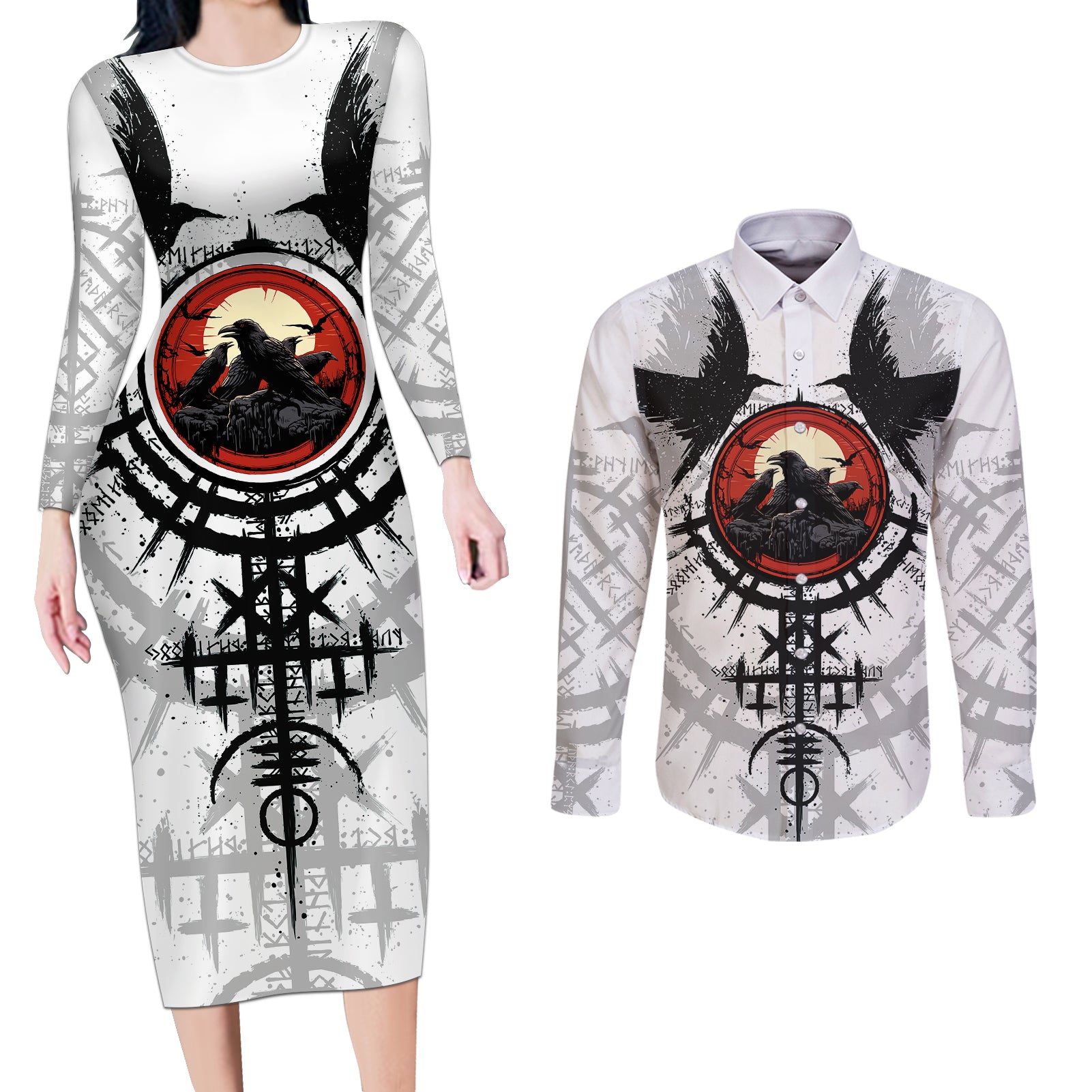 viking-ravens-couples-matching-long-sleeve-bodycon-dress-and-long-sleeve-button-shirts-cant-hide-our-warrior-pride