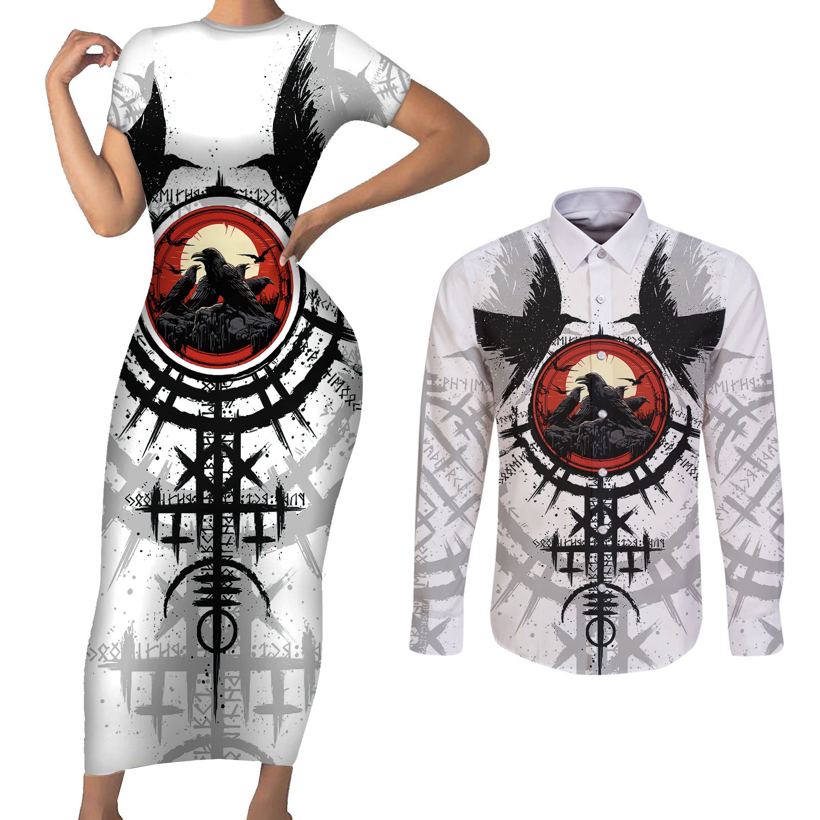 viking-ravens-couples-matching-short-sleeve-bodycon-dress-and-long-sleeve-button-shirts-cant-hide-our-warrior-pride