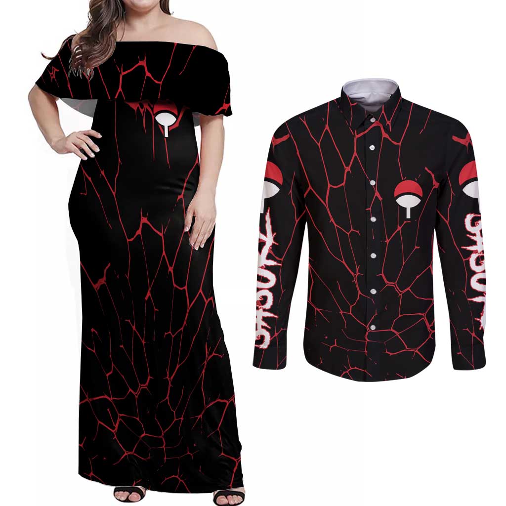 Trippy Sasuke Uchiha Naruto Couples Matching Off Shoulder Maxi Dress and Long Sleeve Button Shirt Anime Style