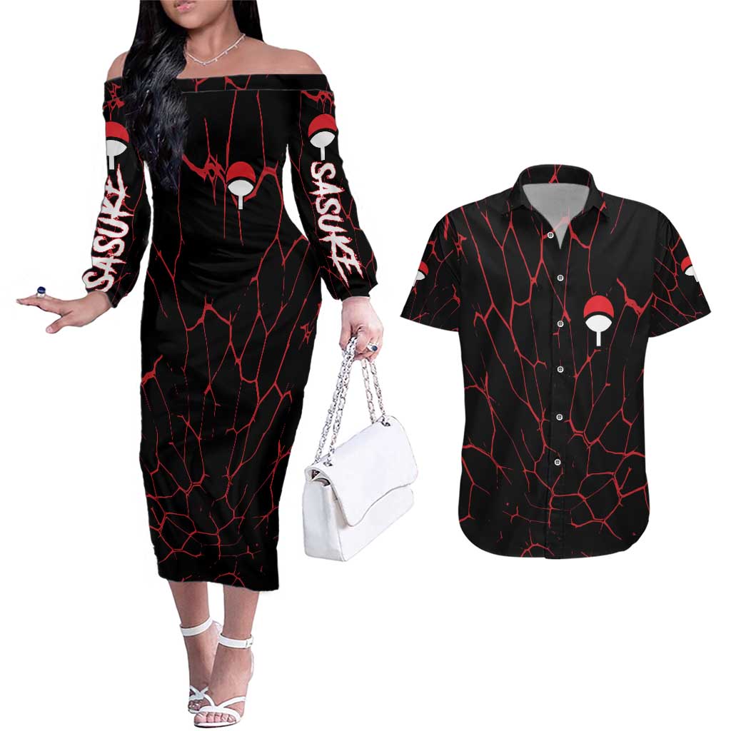 Trippy Sasuke Uchiha Naruto Couples Matching Off The Shoulder Long Sleeve Dress and Hawaiian Shirt Anime Style