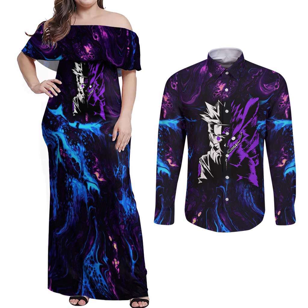 Naruto Awakened Beast Couples Matching Off Shoulder Maxi Dress and Long Sleeve Button Shirt Anime Style