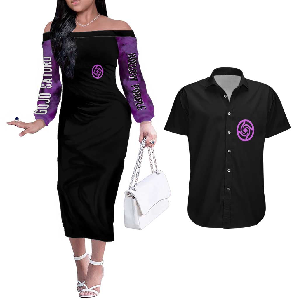 Gojo Satoru Hollow Purple Jujutsu Kaisen Couples Matching Off The Shoulder Long Sleeve Dress and Hawaiian Shirt Anime Style