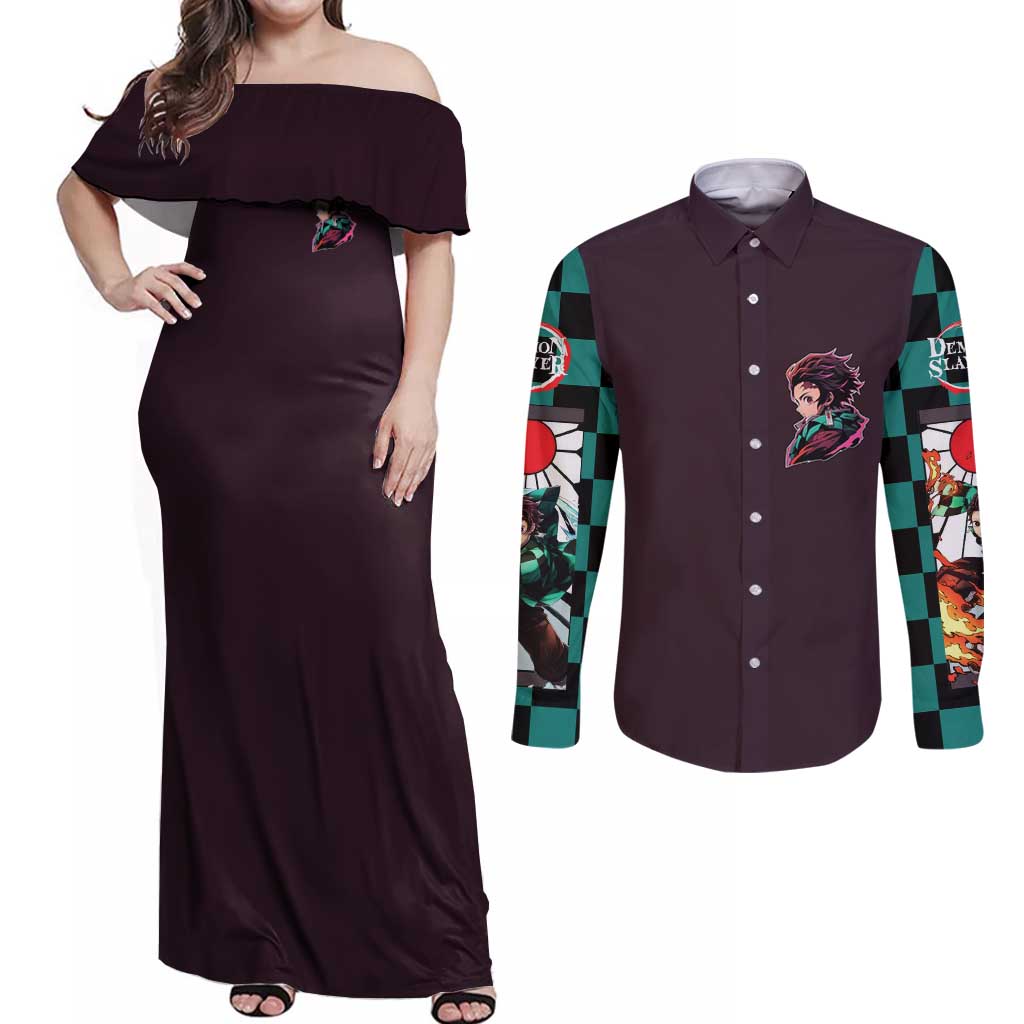 Kamado Tanjiro Demon Slayer Couples Matching Off Shoulder Maxi Dress and Long Sleeve Button Shirt Anime Style